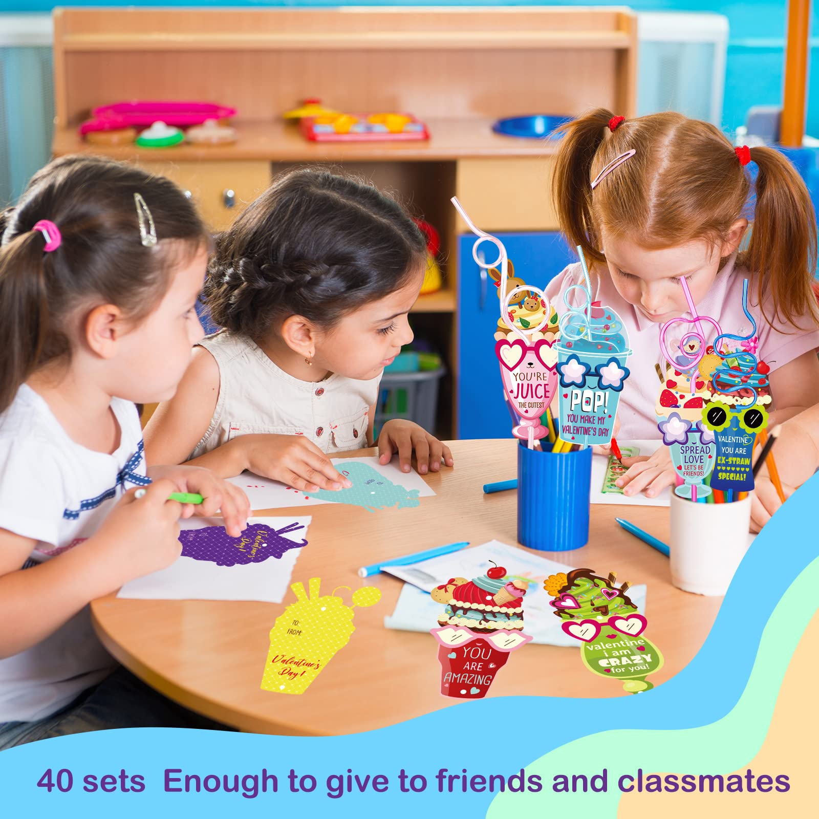 Ferraycle Valentines Day Gifts For Kids 40 Sets Valentines Day Crazy Straws With Cards Classroom Toddlers Girls Boys School Clas