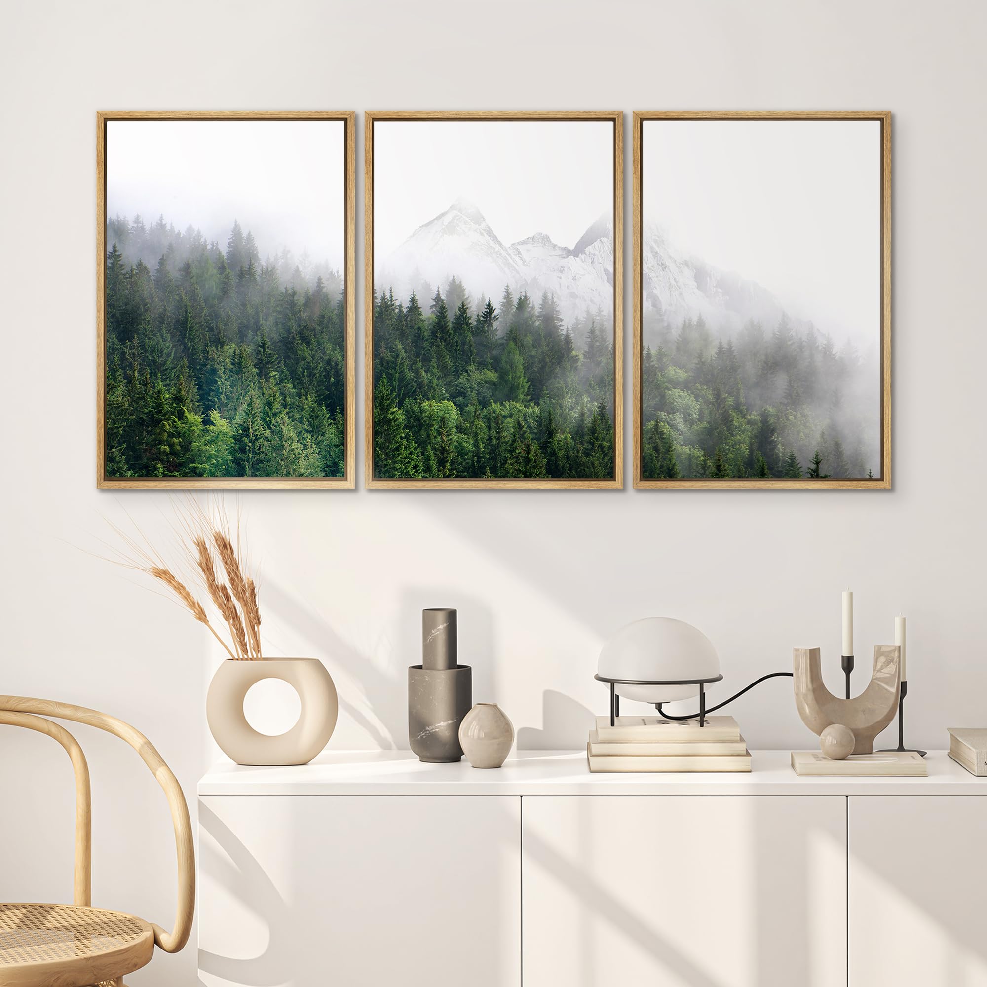 SIGNWIN Framed Canvas Print Wall Art Set Winter Mountain Misty Forest View Nature Wilderness Photography Modern Art Rustic Landscape Relax/Calm for Living Room  Bedroom  Office - 16''x24''x3 Natural