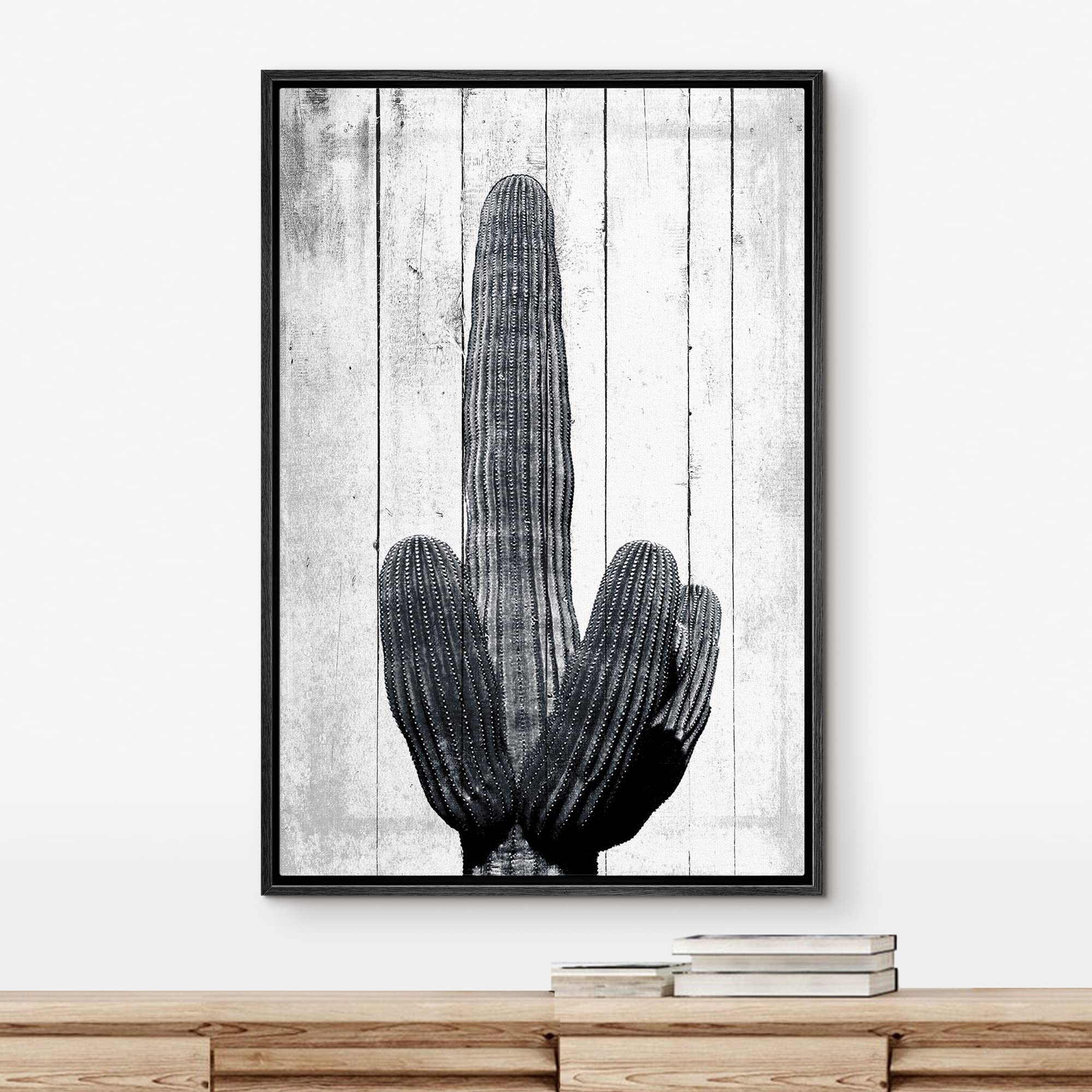 NWT Framed Canvas Print Wall Art Detailed Desert Cactus on Wood Panels Floral Plants Illustrations Modern Art Rustic Dark Black and White for Living Room  Bedroom  Office - 16''x24'' Black
