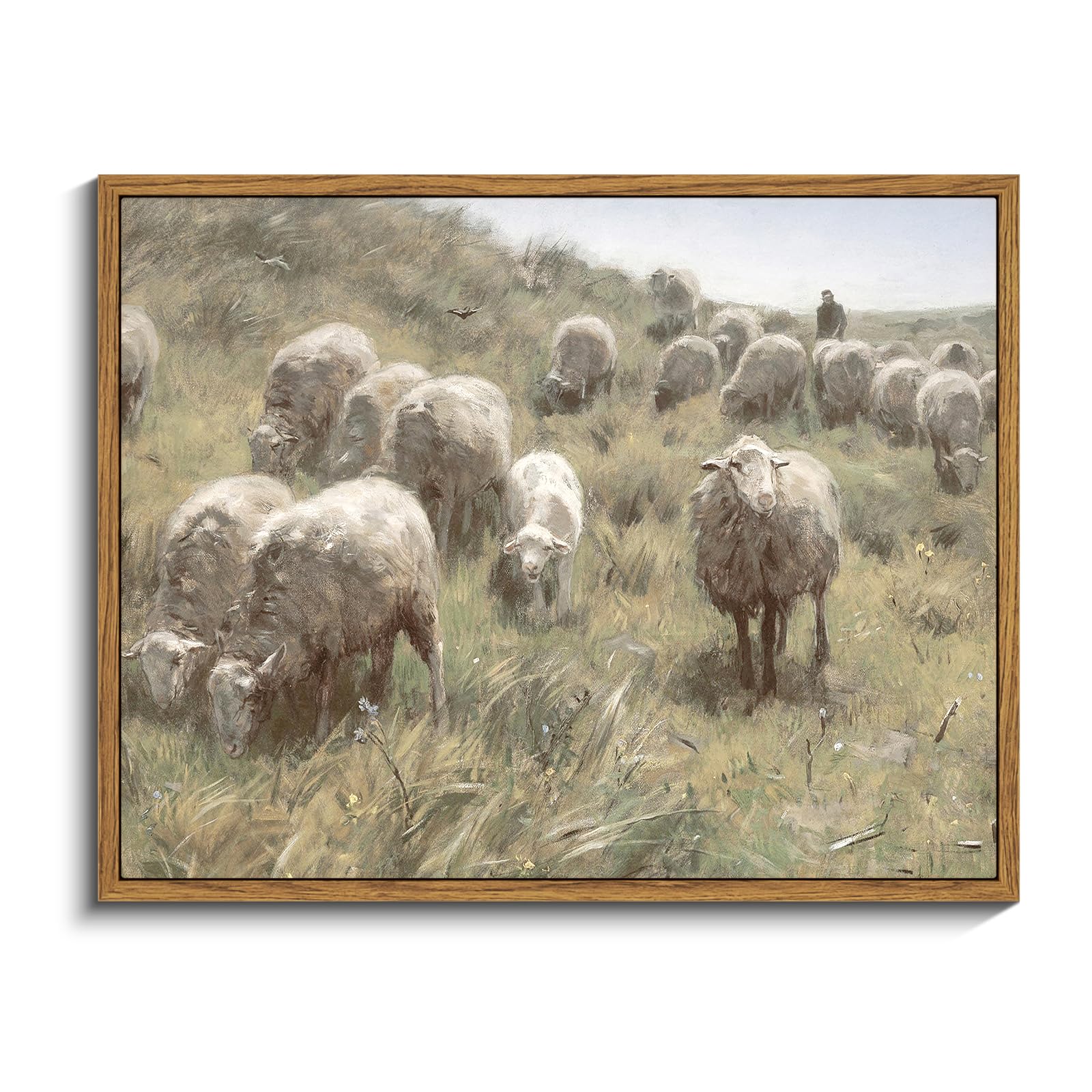 Insimsea Framed Canvas Wall Art Vintage Decor, Landscape Wall Art Prints, Sheep Grazing Amidst The Hills Canvas Art Wall Decor,