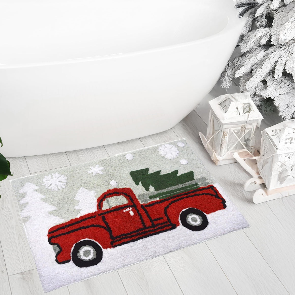 Gilbins Christmas Holiday Decor Square Pick Up Truck With Christmas Tree Water Absorbent Bathroom Vanity Bath Rug 20X30, 100% Co