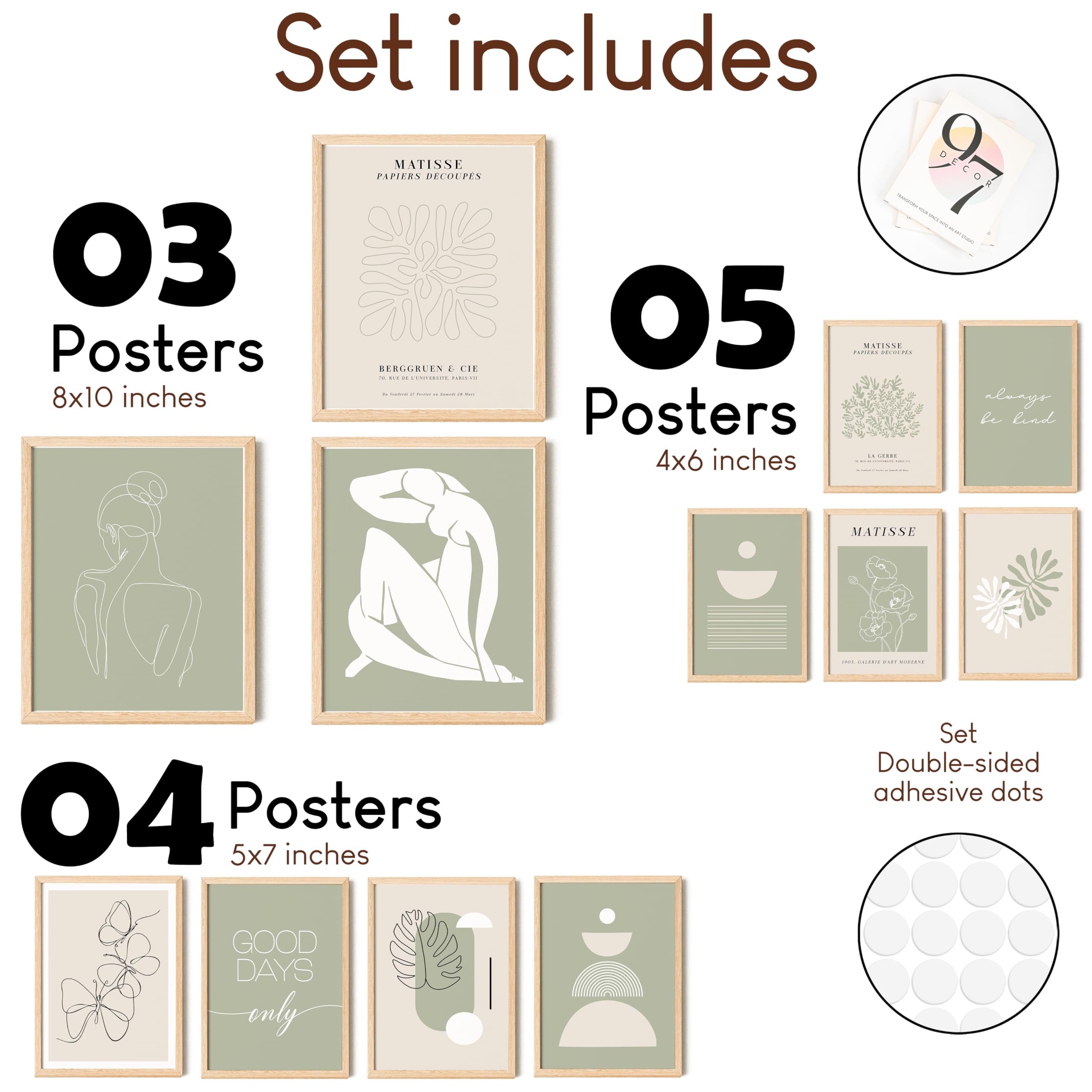97 Decor Sage Green Posters For Room Aesthetic - Matisse Sage Green Wall Art Prints, Abstract Sage Green Pictures, Neutral Boho