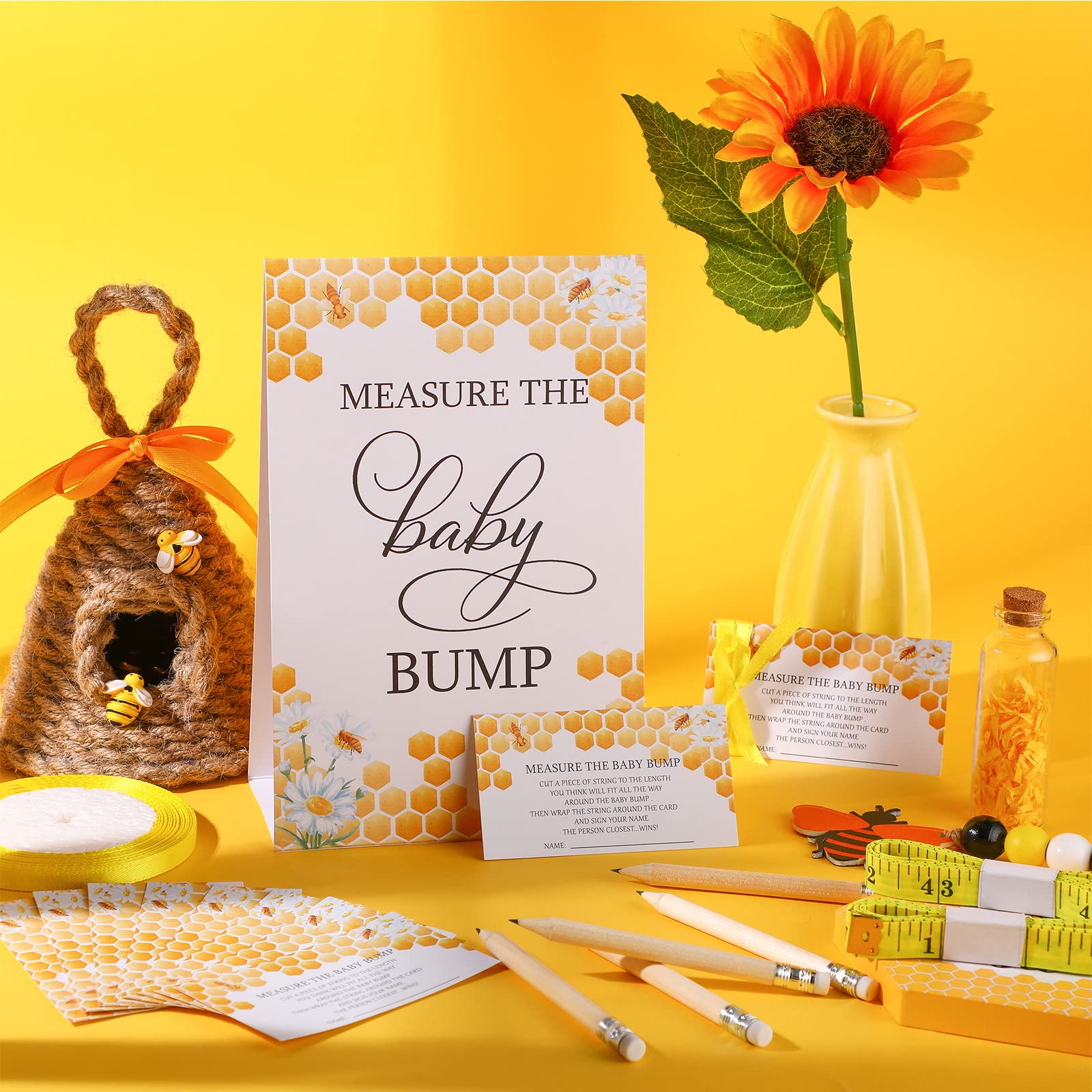 65 Pieces Baby Shower Game Set 1 Measure The Baby Bump Sign Measure Mommy'S Belly Game And 50 Guessing Cards 10 Pencils 2 Ribbon