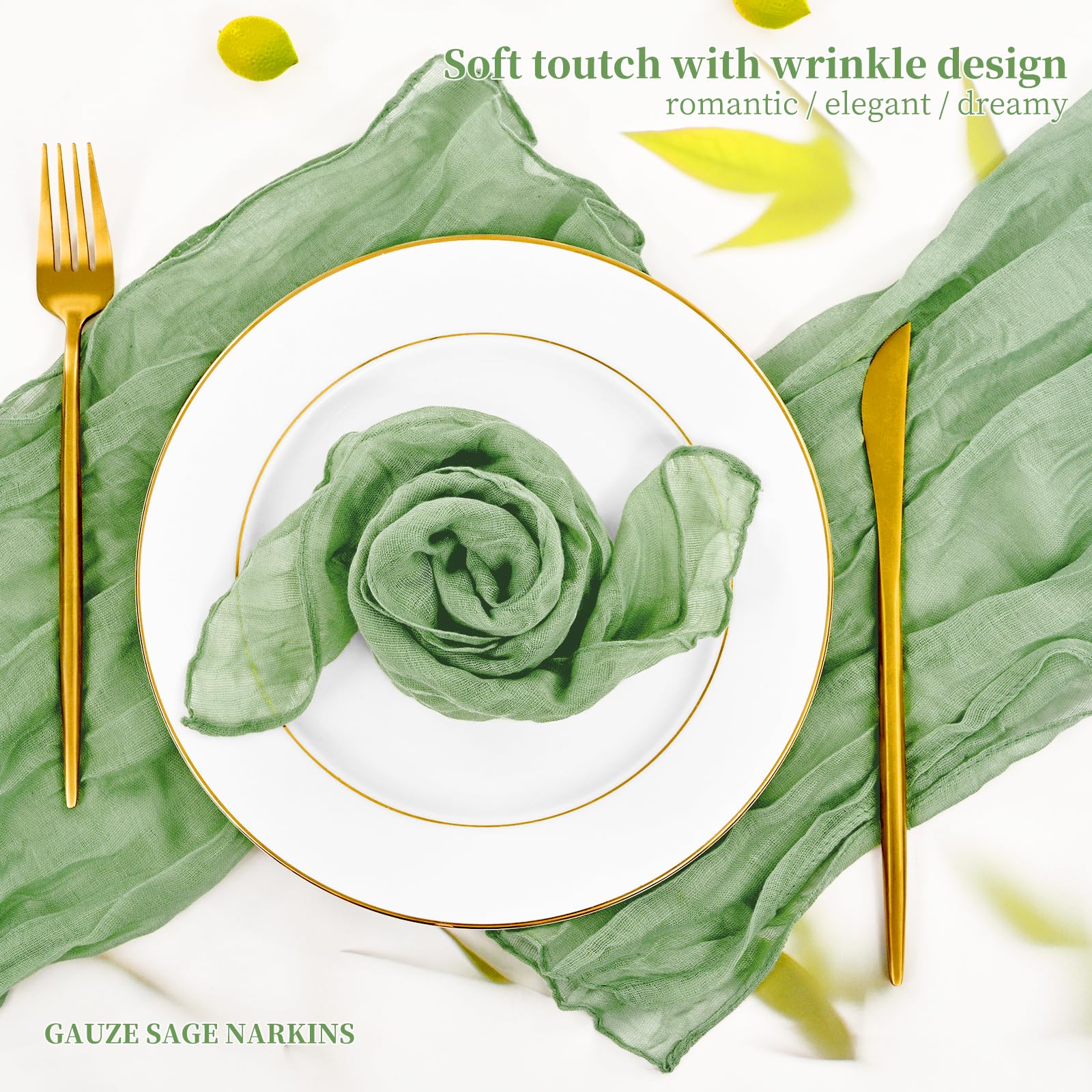 Gauze Cheesecloth Napkins Set Of 42, 20 X 20 Inch Sage Green Rustic Boho Dinner Napkins Wrinkled Rustic Linen Napkins Decorative