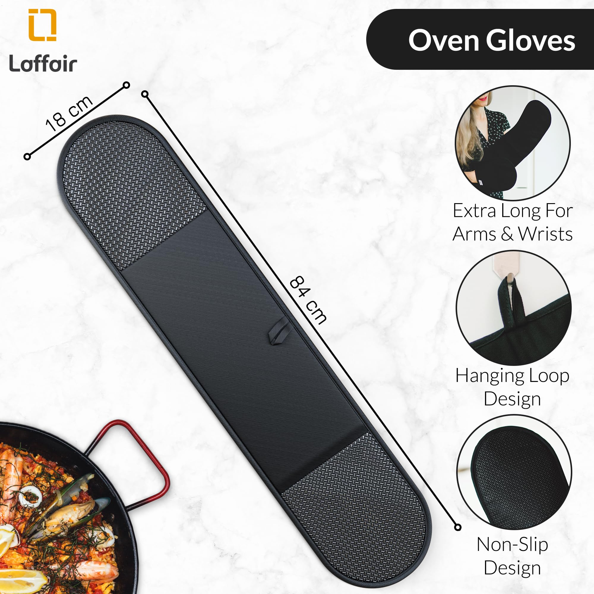 Laffair Oven Mitts - Black - Potholders For Home Cooking, Non-Slip Silicon Grip Oven Glove, Heat Resistant Gloves & Modern Oven