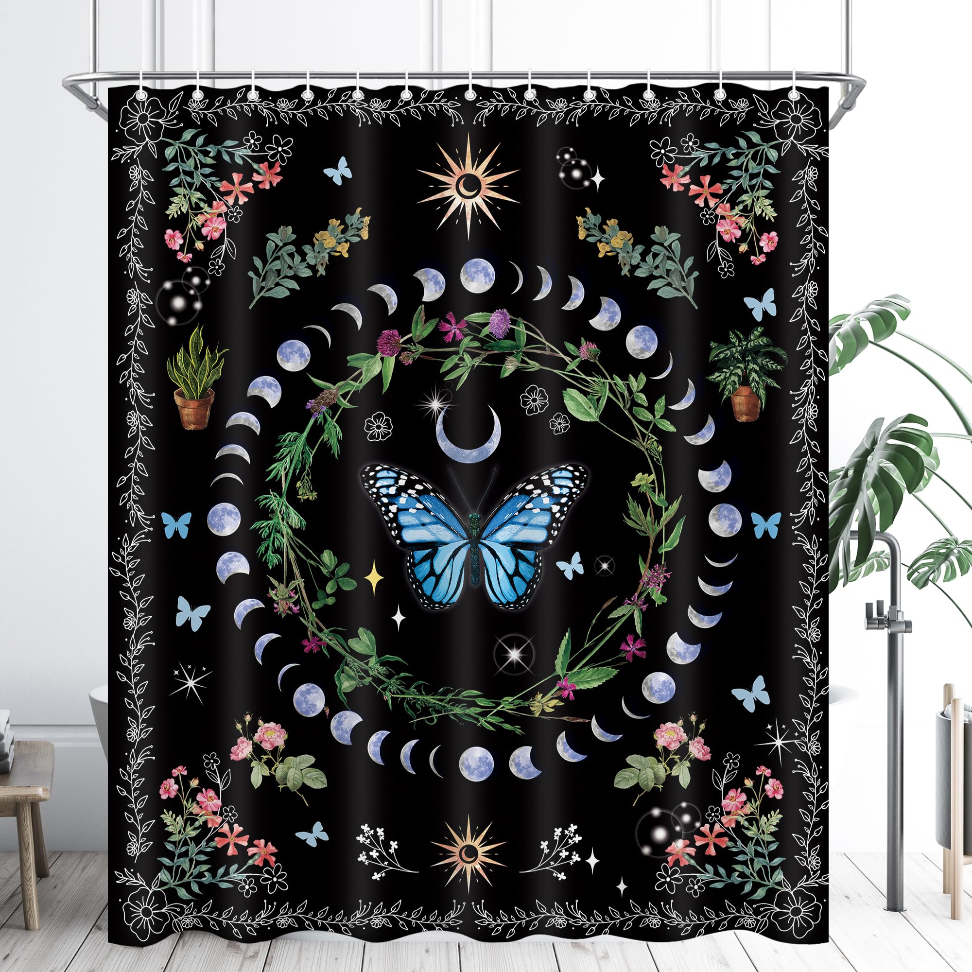 Oolygoo Witchy Boho Butterfly Shower Curtain 60''X72'' Moth Sun And Moon Phase Shower Curtain For Bathroom Hippie Flower Plant G