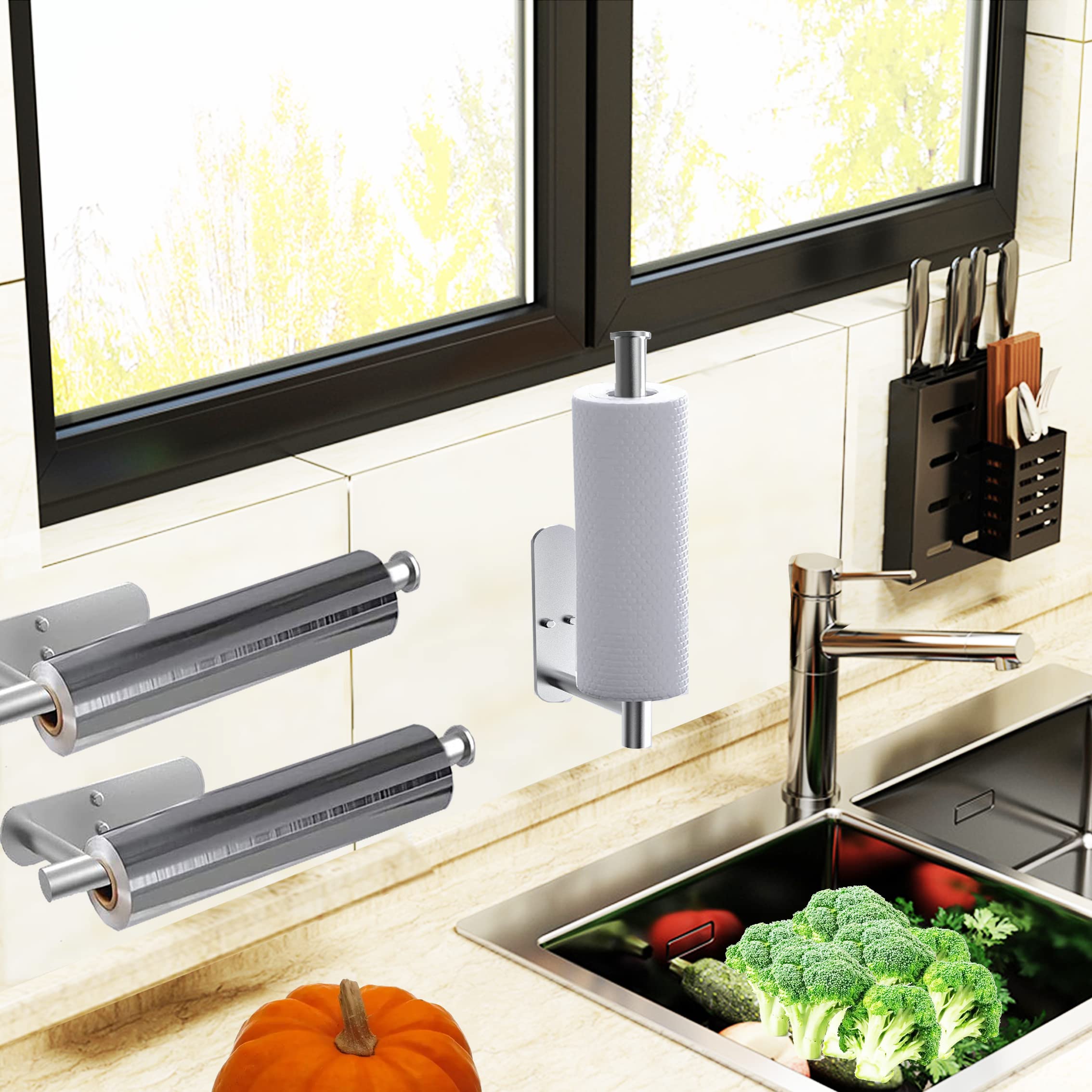 Paper Towel Holder-2Pcs Adhesives, Wall-Mounted Paper Towels Roll For Kitchen, Self-Adhesive Under Cabinet Kitchen Roll Holder,