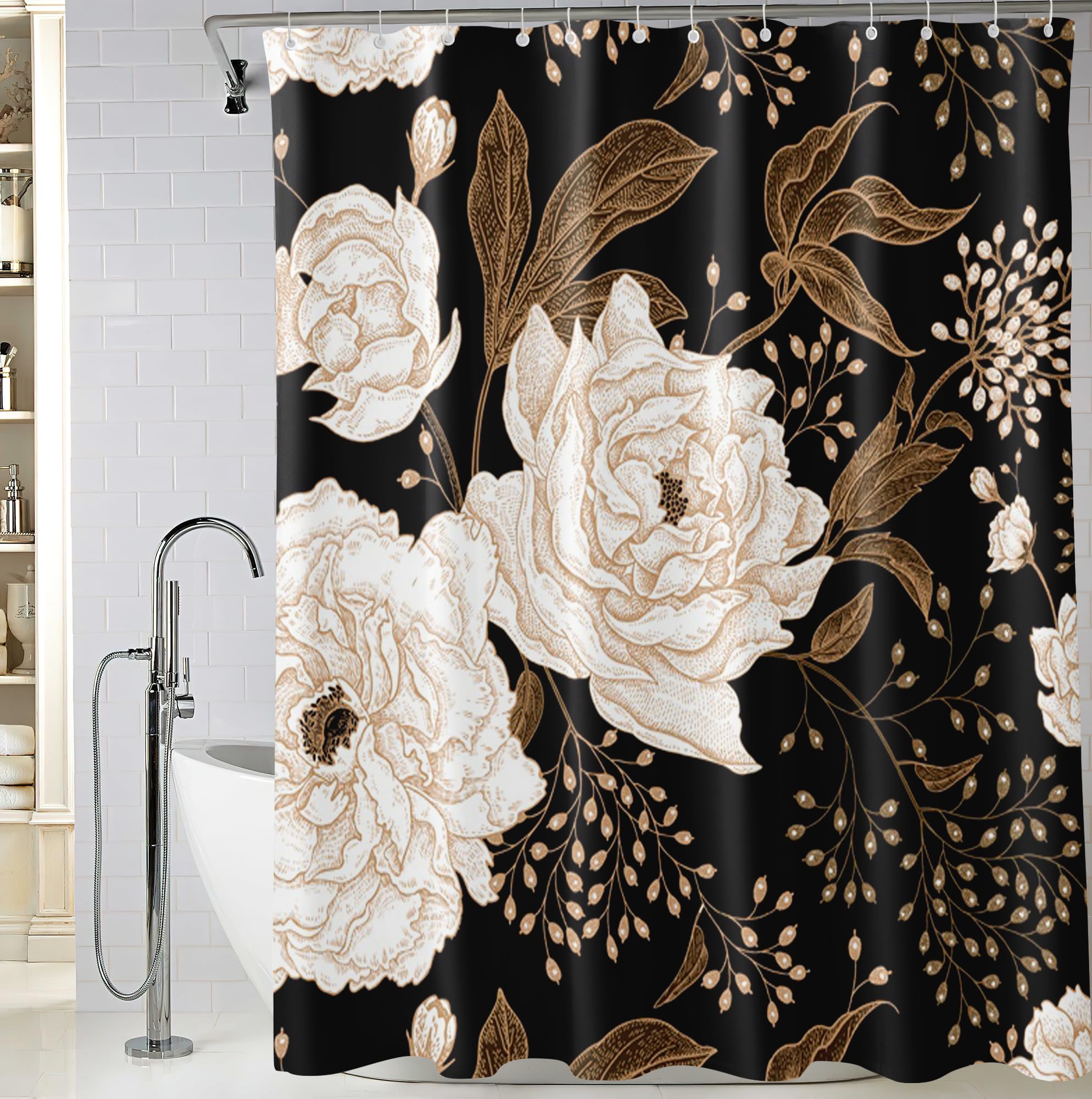 Bivinar Black Gold Floral Shower Curtain, Black Flowers Bathroom Shower Curtain, Fabric Waterproof Shower Curtain With 12 Hooks,