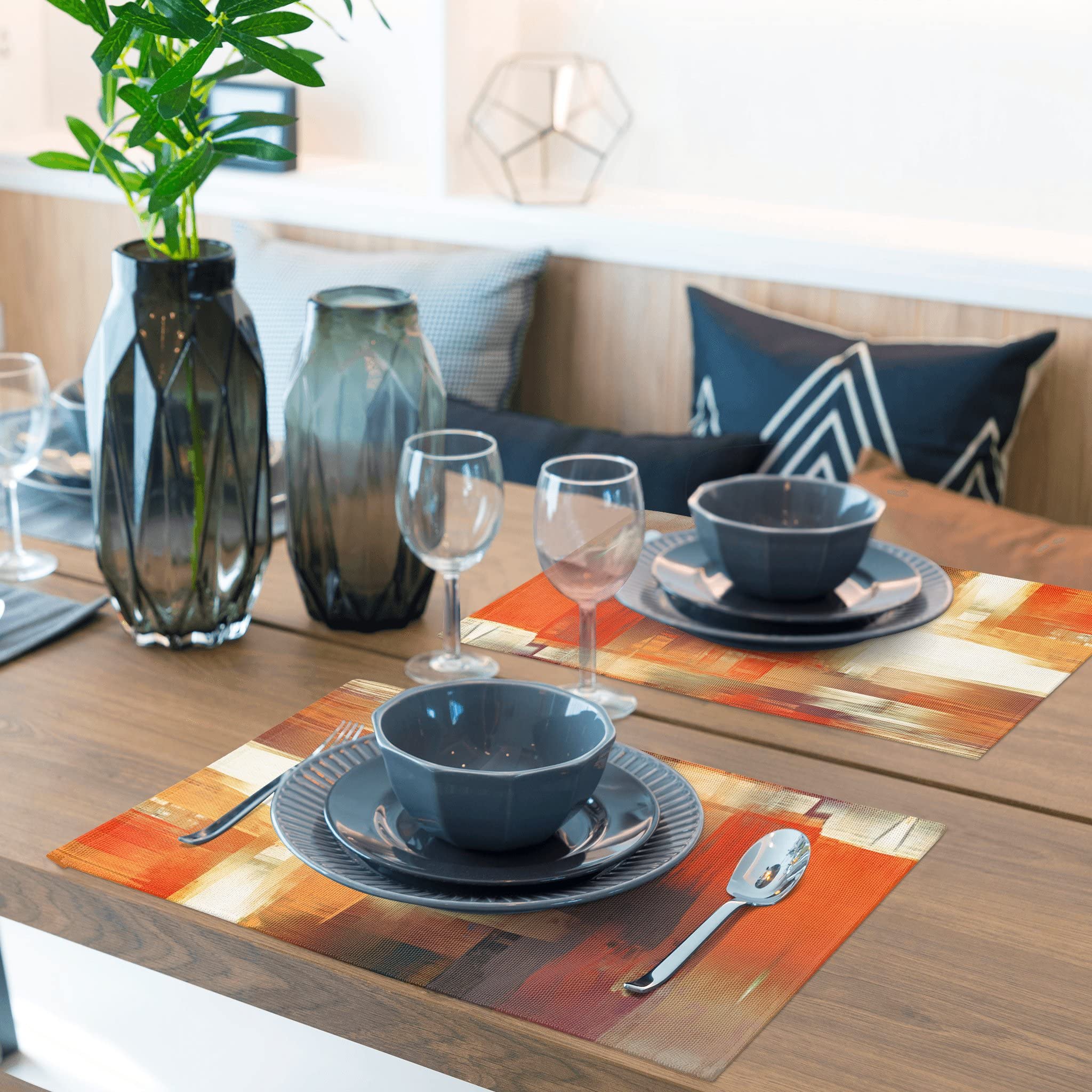 Modern Art Placemats Set Of 4 Orange Abstract Painting Place Mats Washable Linen Placemat For Kitchen Dining Table Home Party De