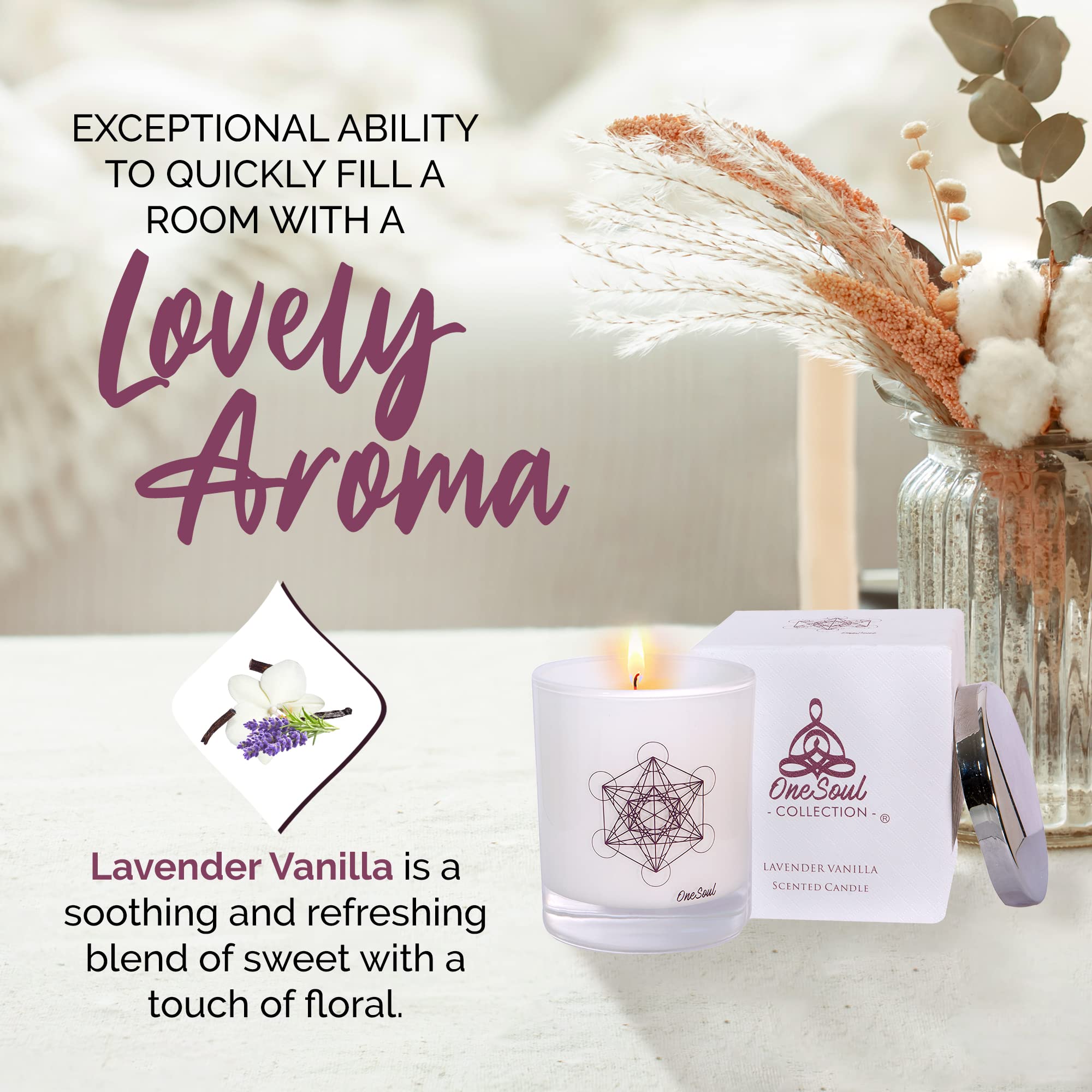 Lavender Vanilla Aromatherapy Candle, Floral Scented Candles, Luxury Candles Scented with Metatrons Cube Symbol, Hand-Poured Soy