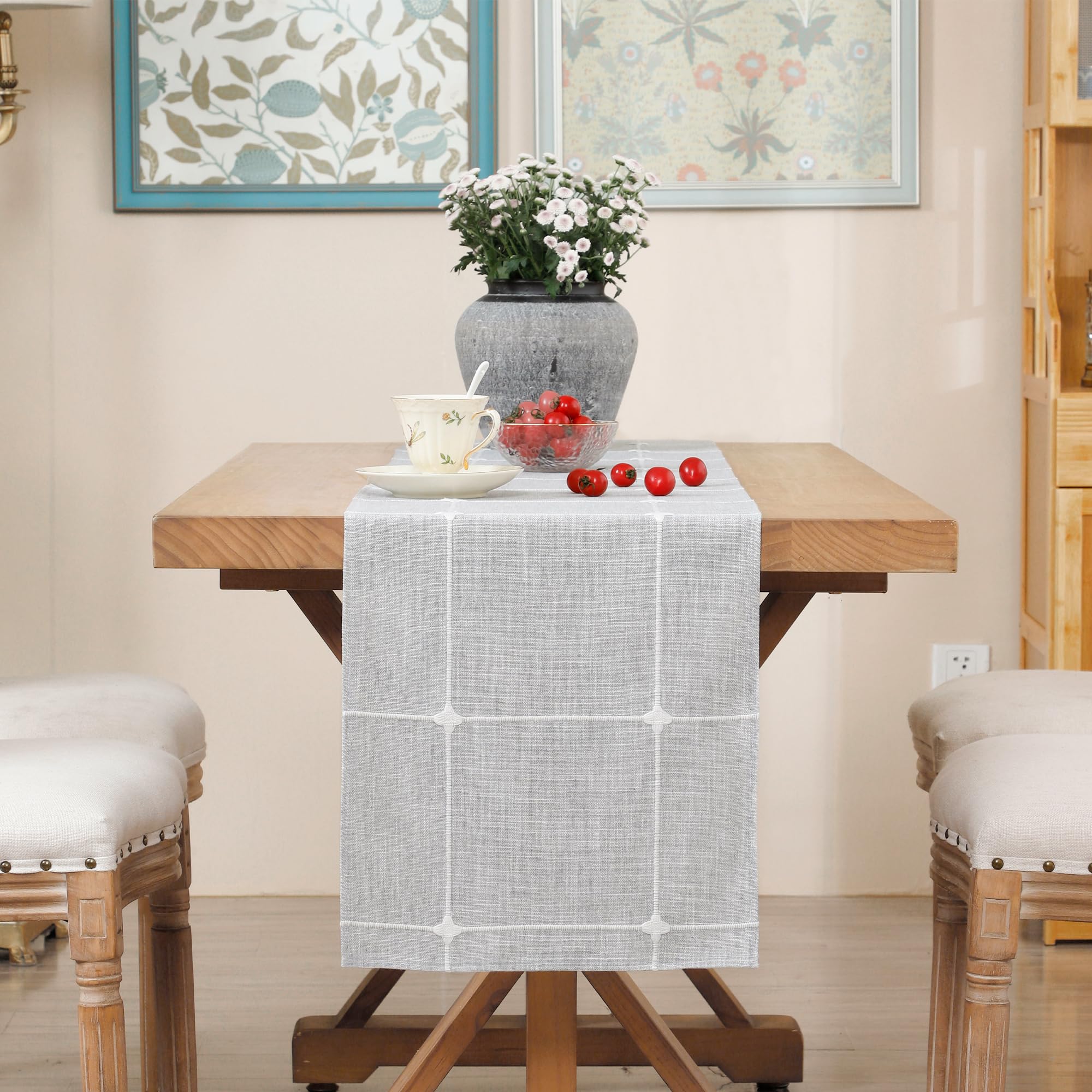 Embroidered Linen Table Runner Rustic Plaid Farmhouse Table Runners Checkered Rectangle Runner For Dinning Dresser Coffee Party