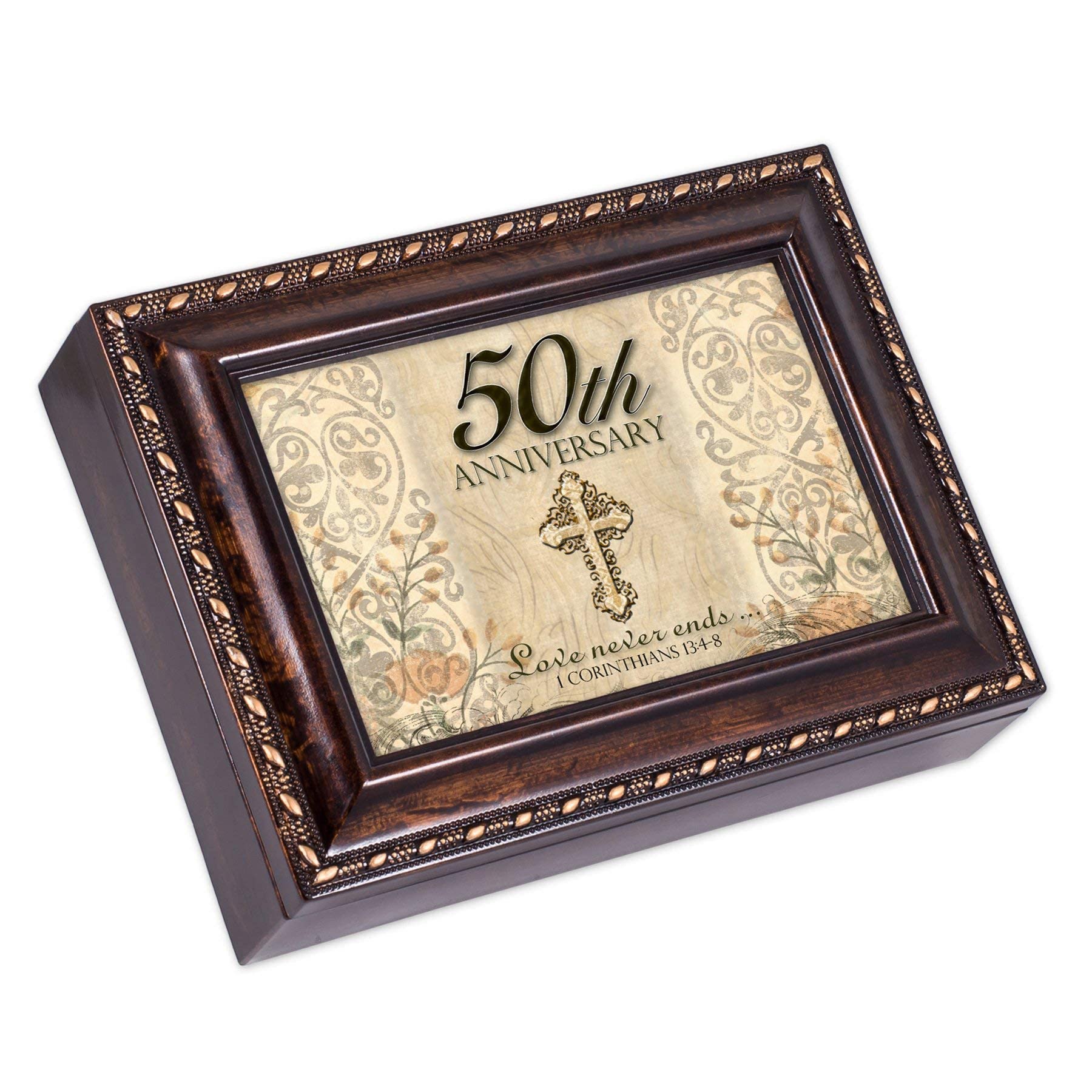 Cottage Garden 50th Anniversary Celebrate Burlwood Rope Trim Jewelry Music Box Plays Amazing Grace