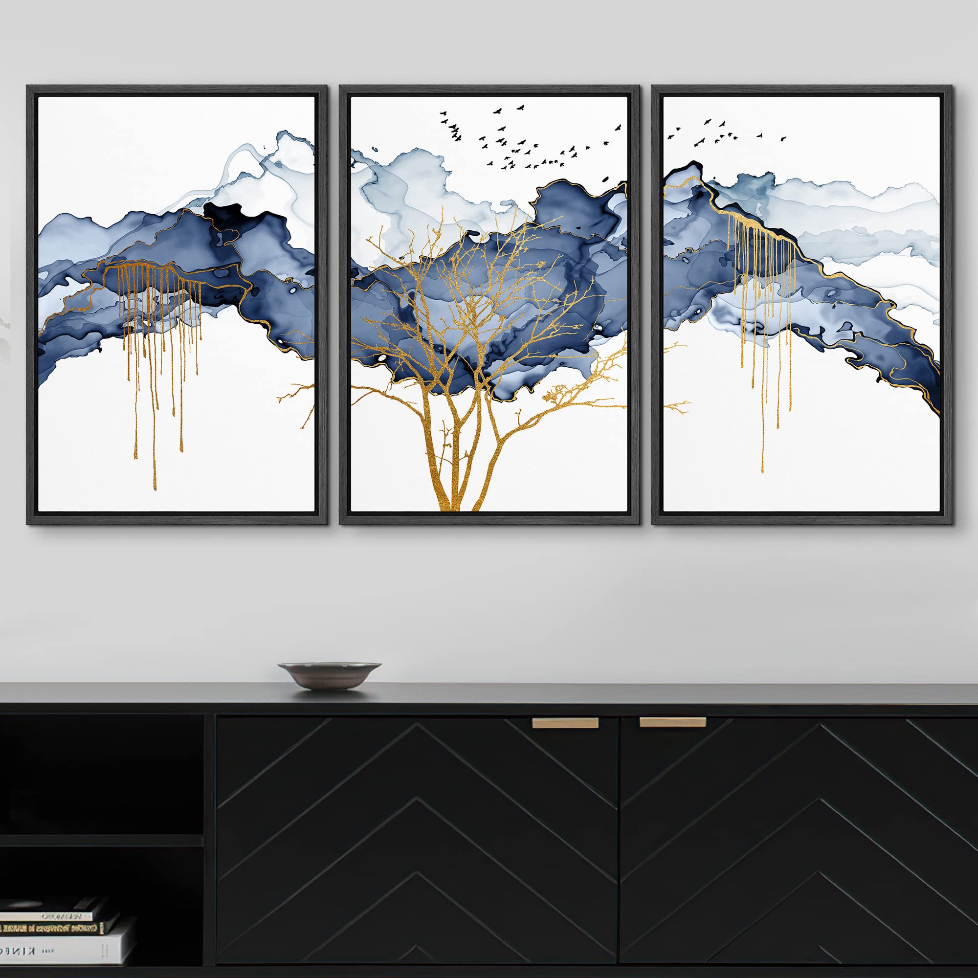 Wall26 Framed Canvas Print Wall Art Set Blue Pastel Paint Stroke Cloud Birds Gold Tree Nature Abstract Illustrations Modern Art