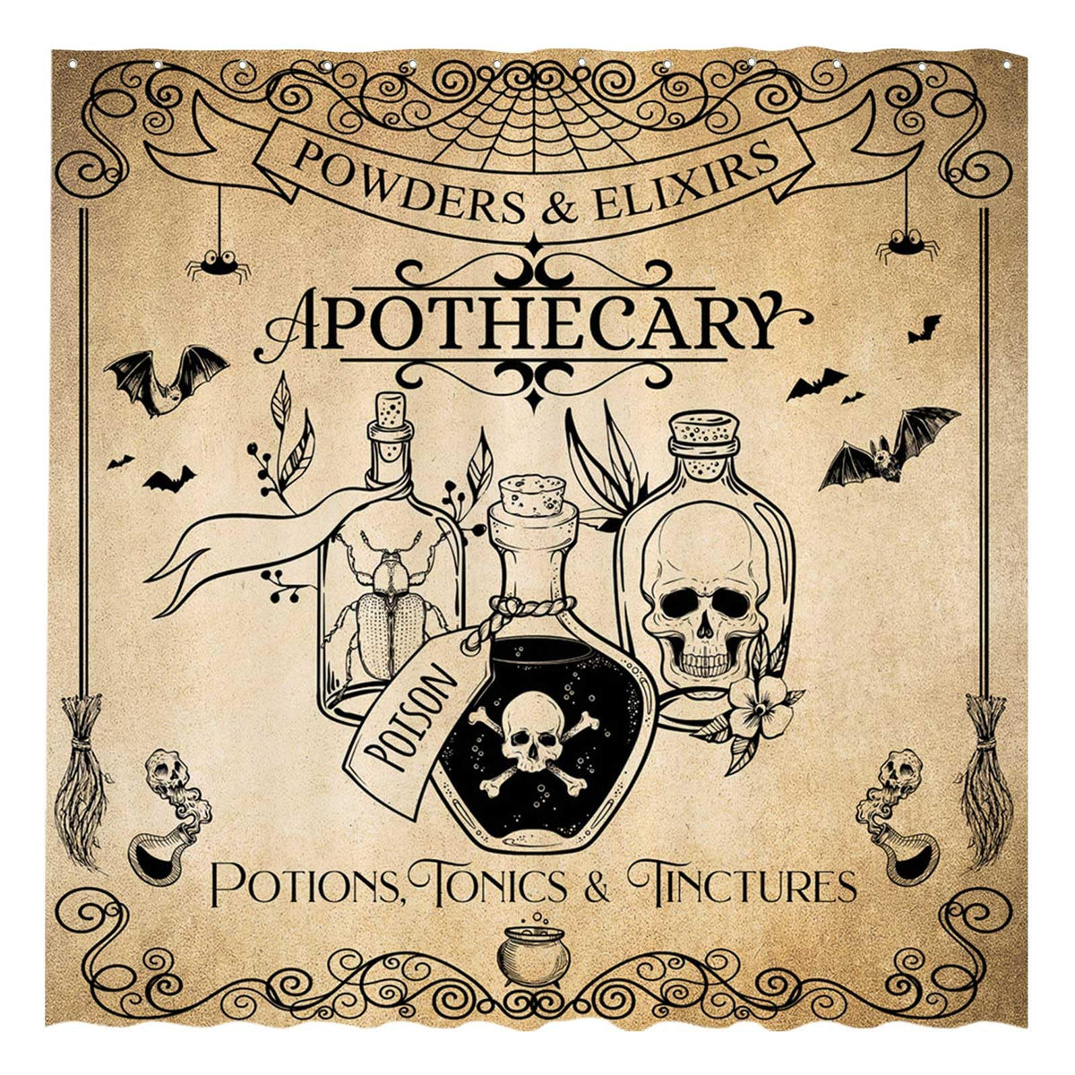 Funnytree 72''X72'' Halloween Apothecary Bat Magical Chemistry Witch Wicca Potions Poison Skull Shower Curtain For Bathroom Deco
