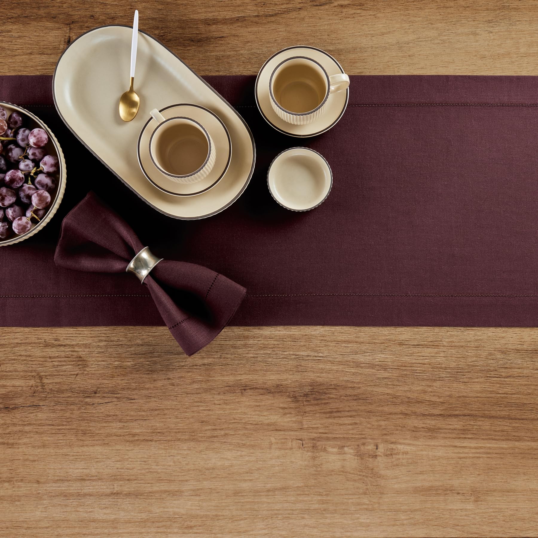 Solino Home Linen Burgundy Table Runner 60 Inch - 100% Pure Linen Classic Hemstitch Short Table Runner 14 X 60 Inch Ideal For Dr