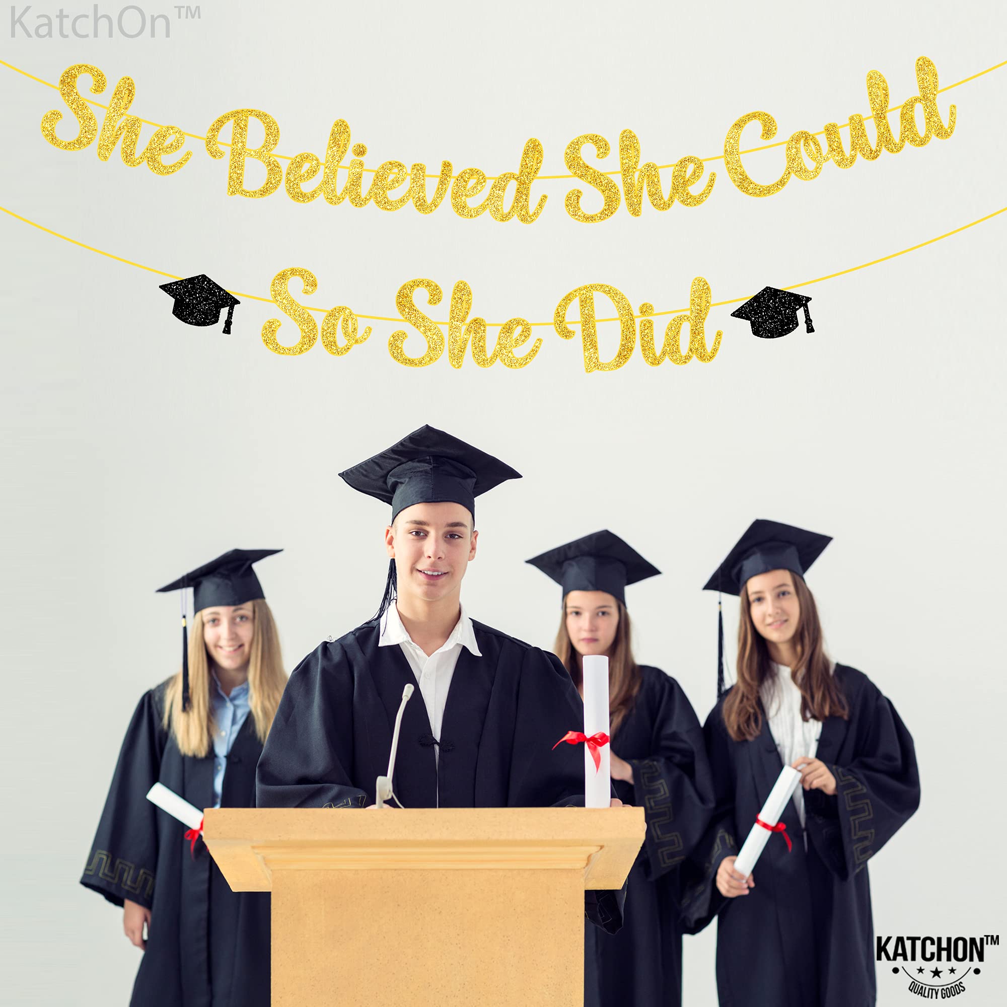 Katchon, She Believed She Could So She Did Banner - Glitter 10 Feet, No Diy | Gold And Black You Did It Banner, Graduation Decor