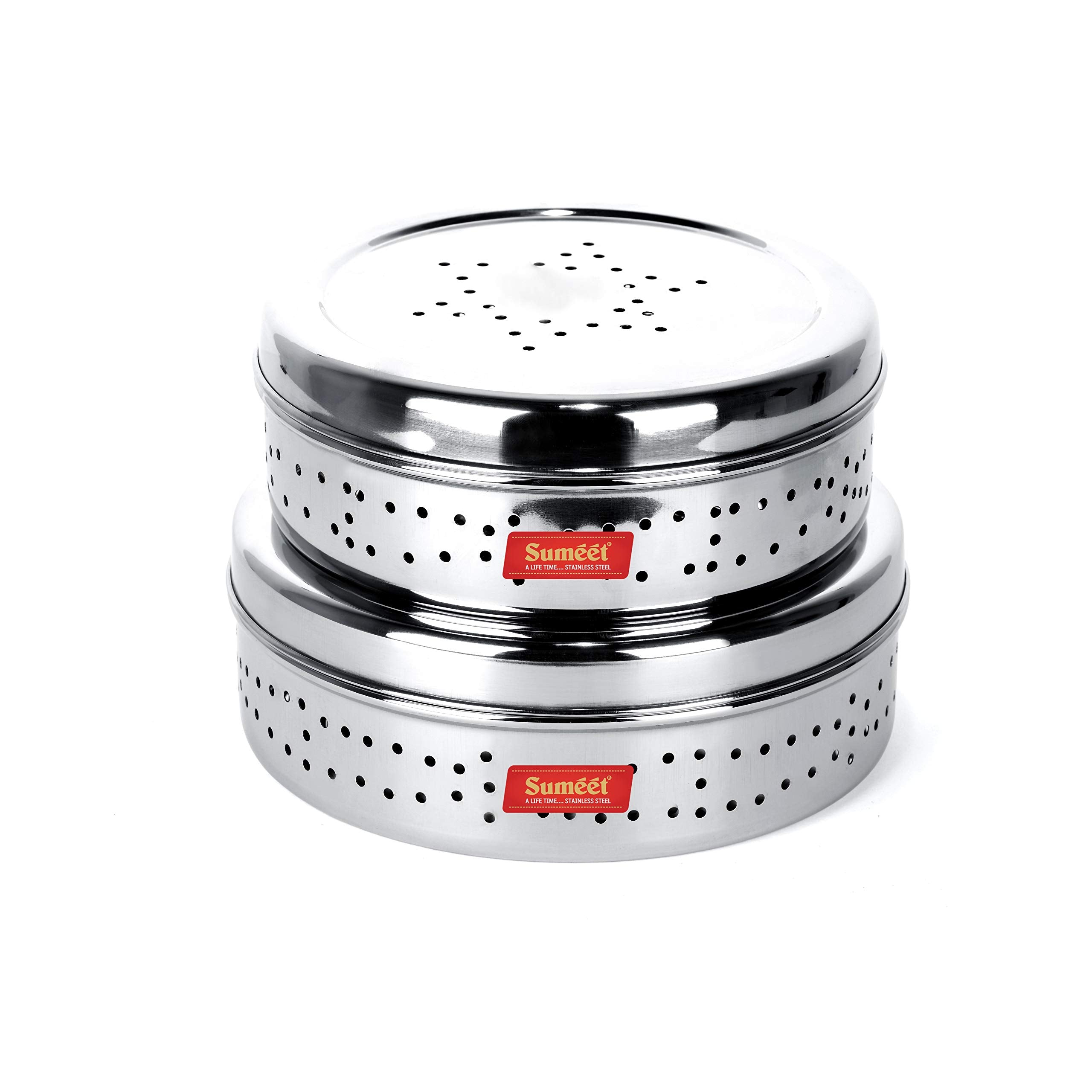 Sumeet Stainless Steel Hole Puri Dabbas/Sprout Maker/Flat Canisters With Air Ventilation Set Of 2, Size No. 1118.5Cm Dia, No. 1