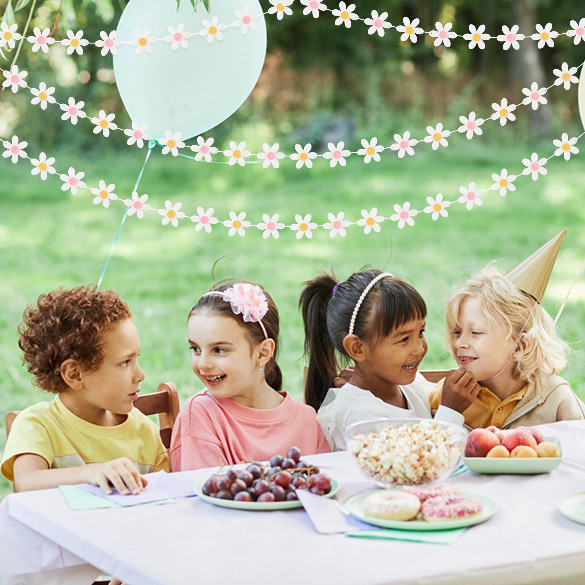 A1Diee 4Pcs Summer Daisy Groovy Boho Garland Felt Artificial White Flower Vines Banner Spring Daisy Party Supplies Flower Garlan