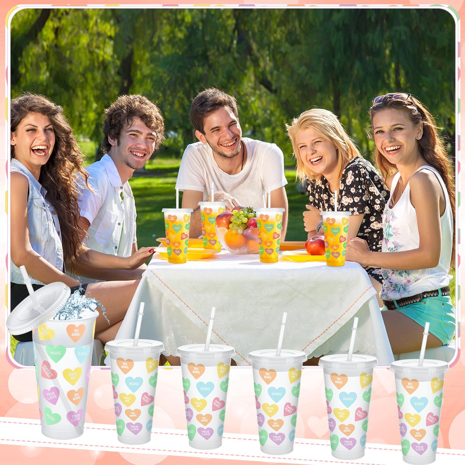 Silifine 12 Pcs 24 Oz Valentine'S Day Conversation Heart Plastic Cups With Lid And Straw Clear Candy Heart Shape Plastic Cup Bul