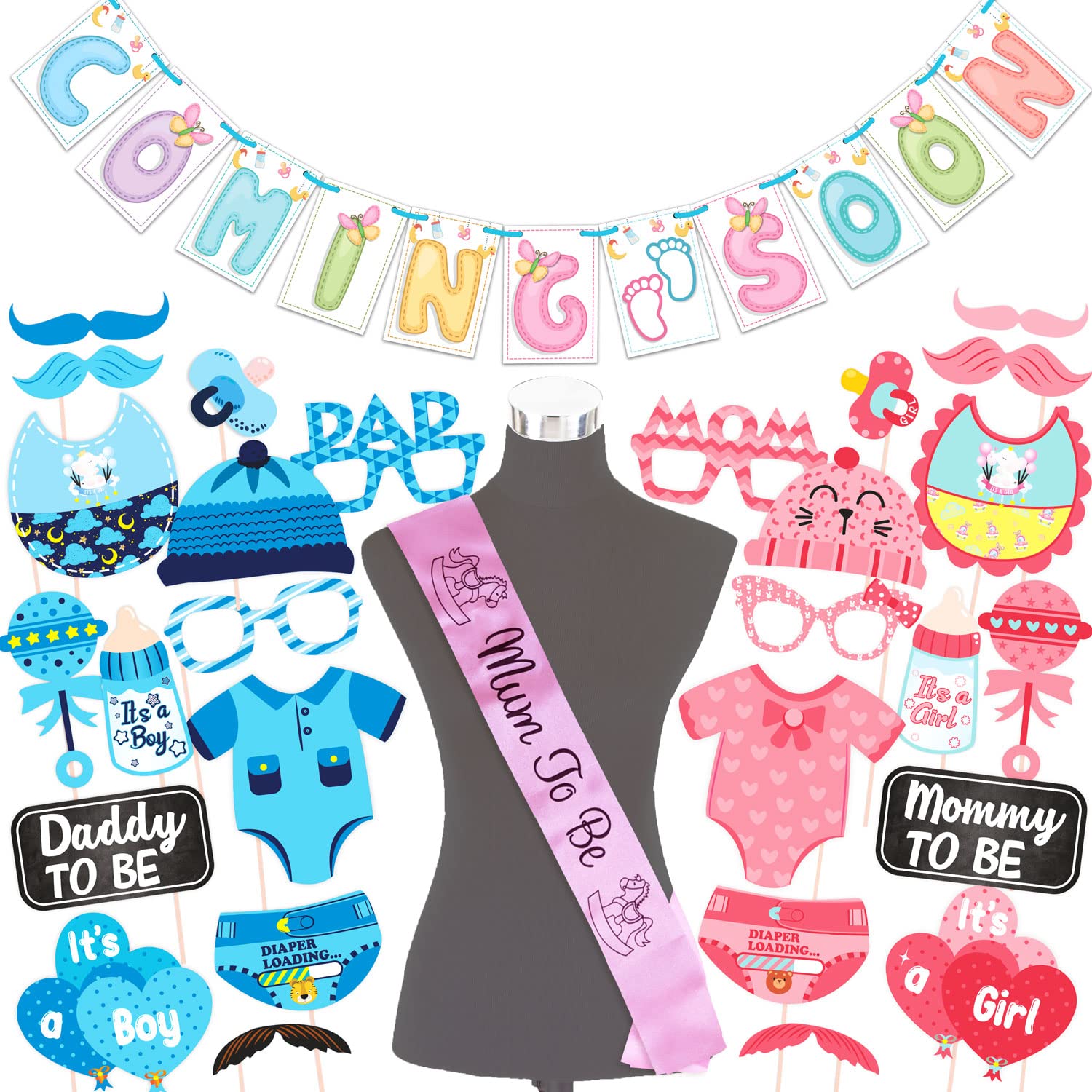 Wobbox Baby Shower Decoration Items| Baby Shower Ceremony Photo Booth Props For Photoshoot, Baby Shower Banner& Mom To Be Sash, 