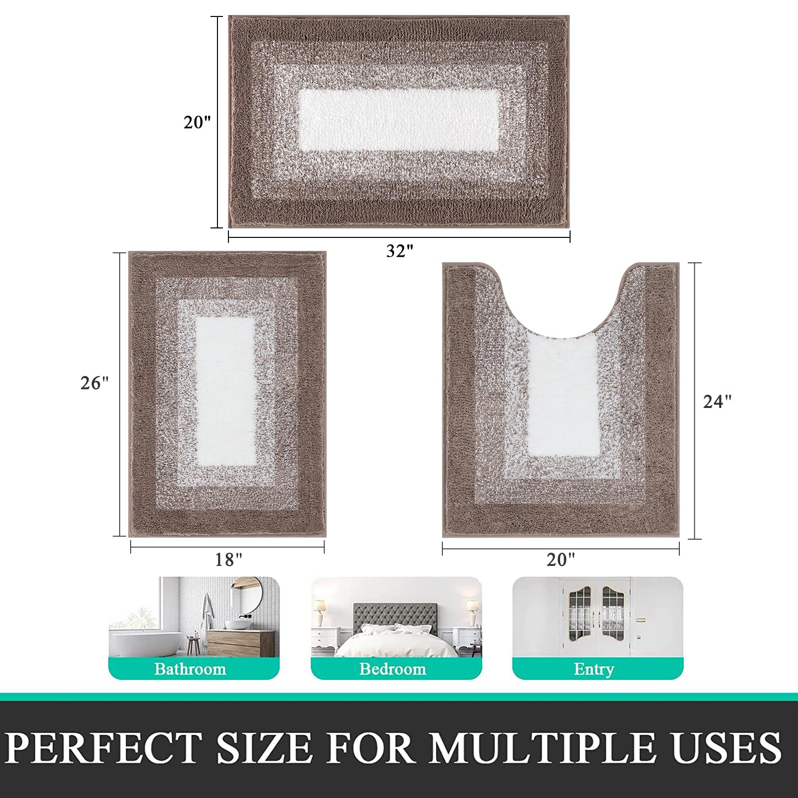 Bsmathom Bathroom Rugs Sets 3 Piece  Plush Shaggy Bathroom Rugs Non Slip Washable  Absorbent Microfiber Bath Mat with U-Shaped Contour Toilet Mat for Bathroom Floor  Tub and Shower  Coffee