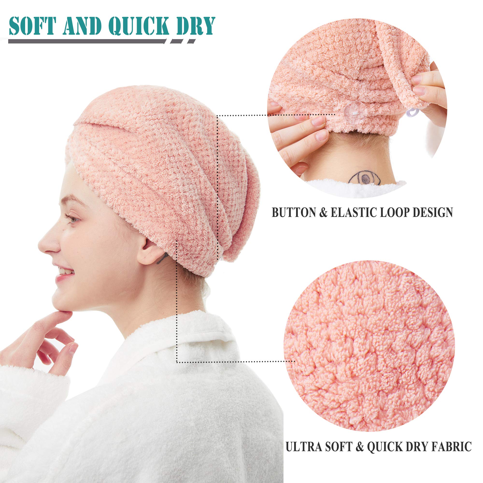 ELLEWIN Hair Towel Wrap 2 Pack, Microfiber Hair Drying Shower Turban with Buttons, Super Absorbent Quick Dry Hair Towels for Cur