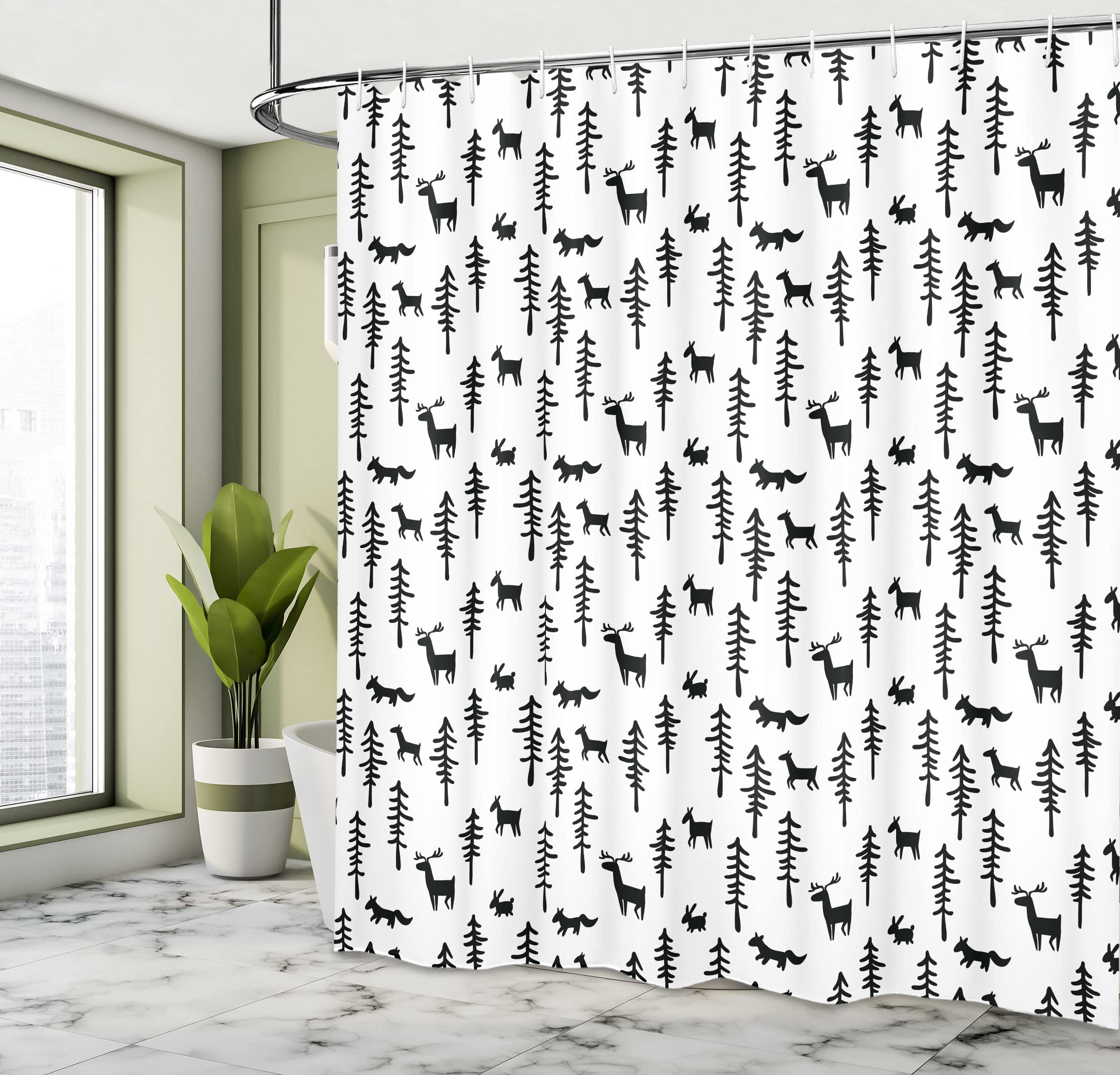 Ambesonne Forest Shower Curtain, Christmas Spirit Inspired Sketchy Reindeer Pine Trees Rabbits Animal Design, Cloth Fabric Bathr