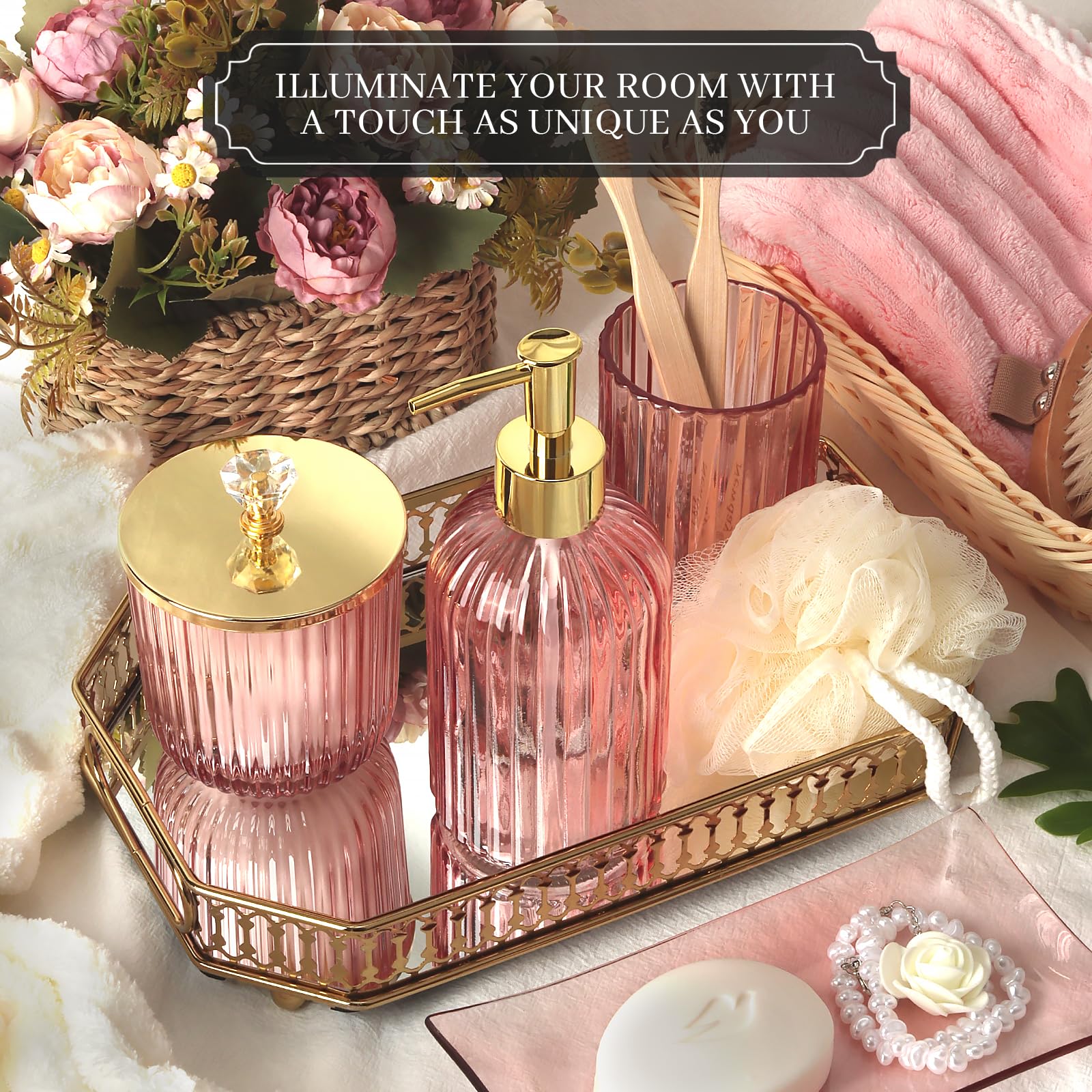 Designer Pink Glass Bathroom Accessories Sets - 4 Pcs With Lotion Soap Dispenser, Bathroom Toothbrush Holder, Vanity Tray, And A