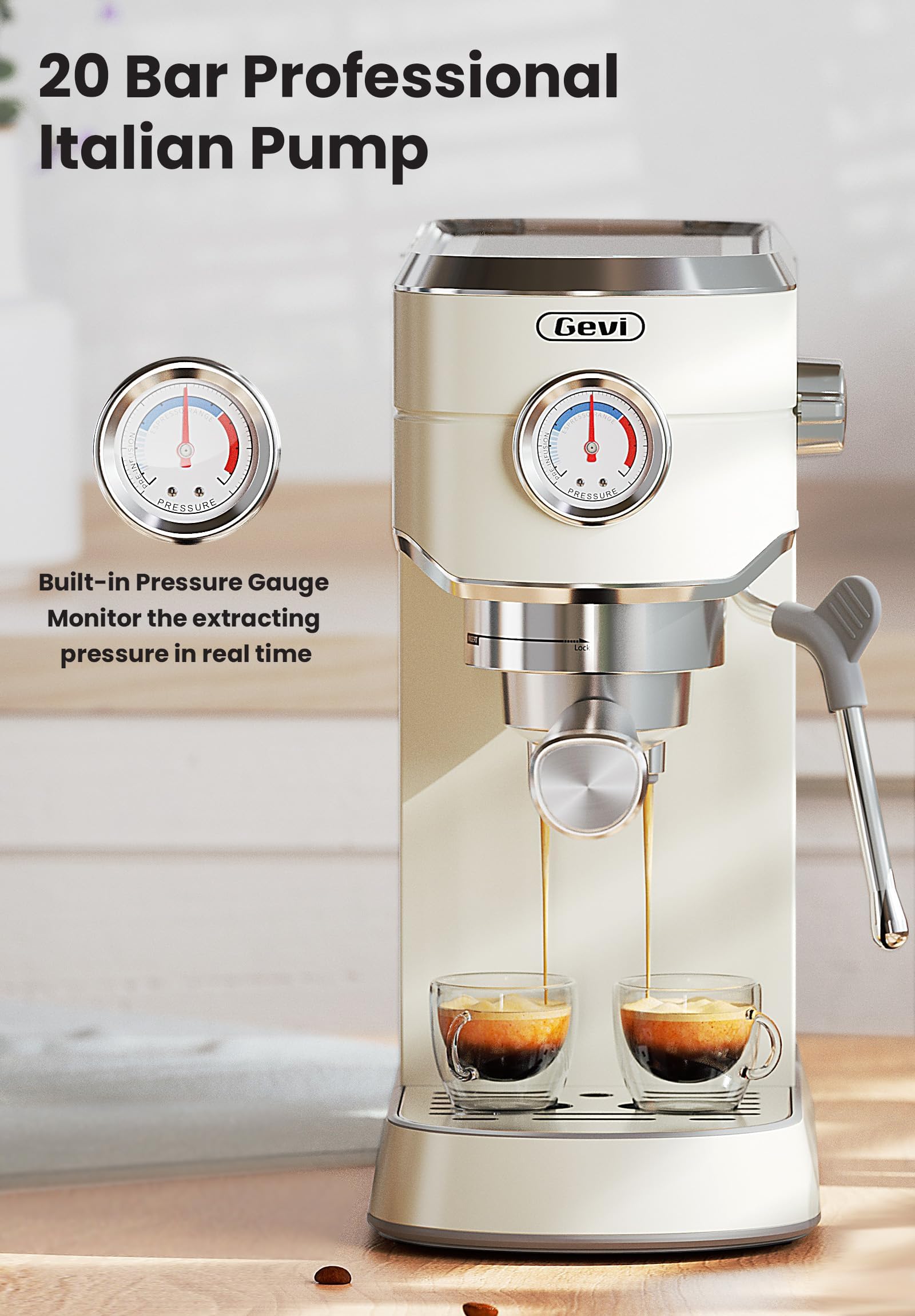 Gevi Commercial Espresso Maker - Stainless Steel Latte Machine with Milk Frother, 12.3"D x 5.5"W x 12"H, Beige, Model ECMG0-WH0A
