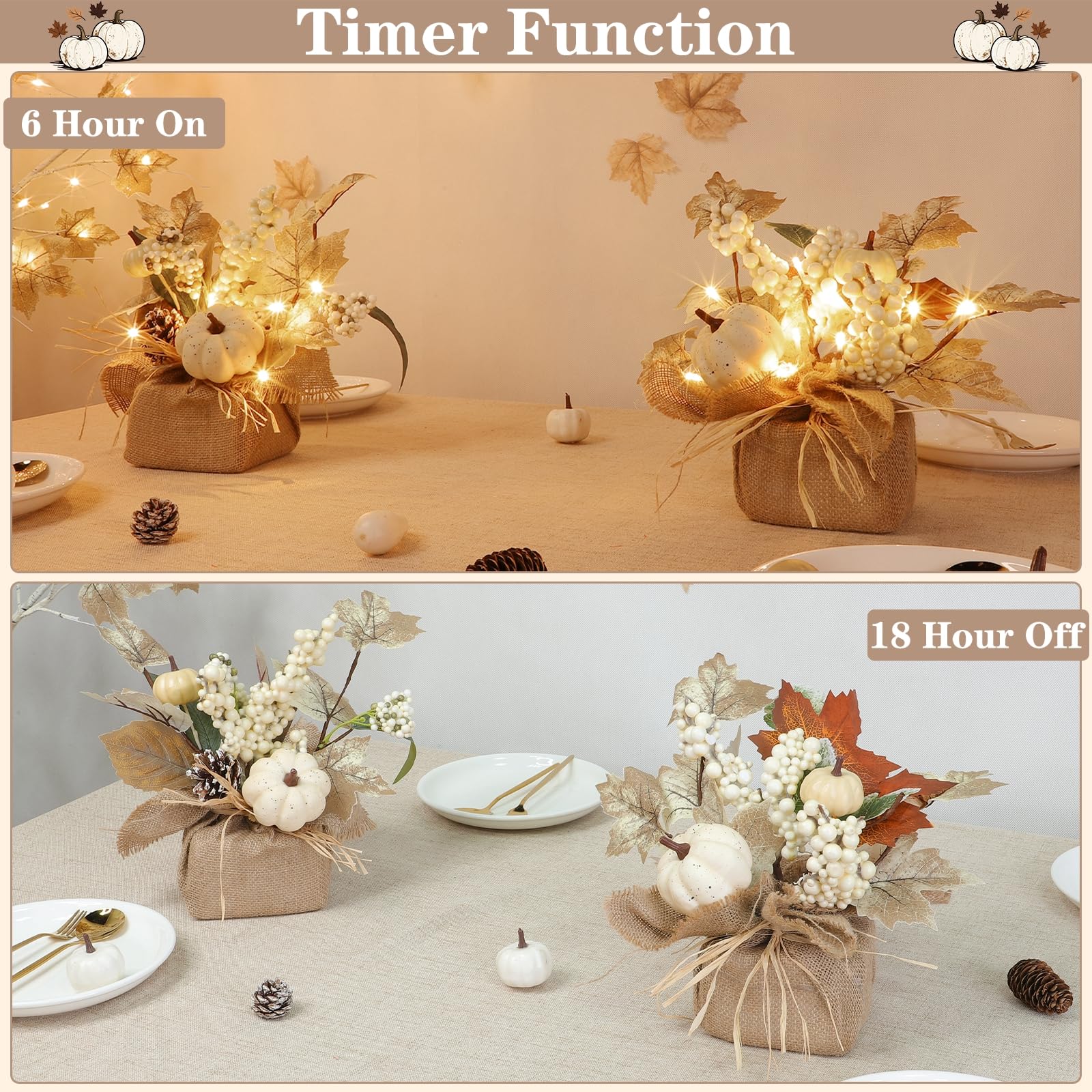 2 Styles & Timer Thanksgiving Table Decorations- 2 Pack 11 Inch Tabletop Maple Tree Thanksgiving Decor, Lighted Fall Tree with 2