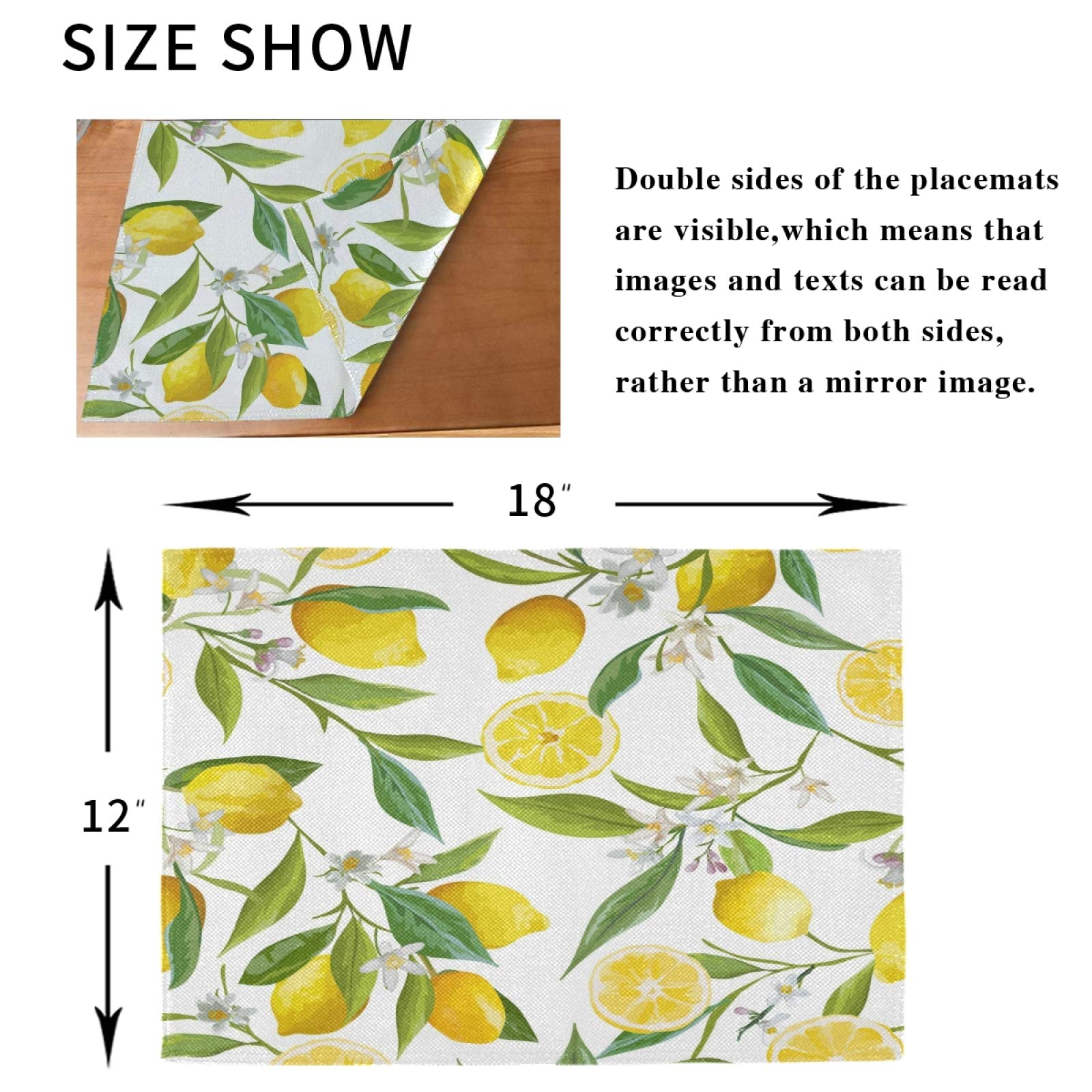 Lemon Flowers Placemats Set Of 6 Washable Non-Slip Burlap Table Mats Heat Resistant Place Mats For Home Kitchen Dining Party 12