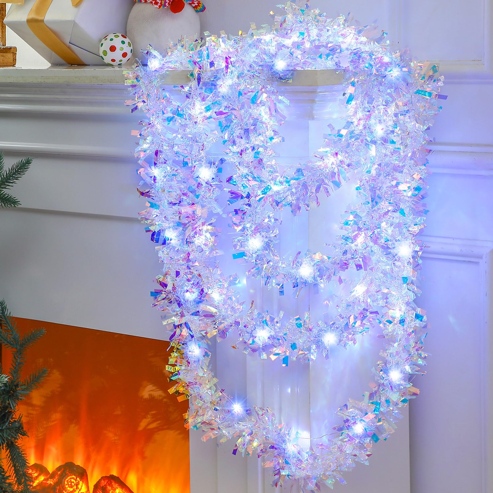 Kingdder 16.4 ft Christmas Prelit Tinsel Lighted Garland with 50 LED Lights Hanging Christmas Foil Tinsel Garland for Xmas Tree 