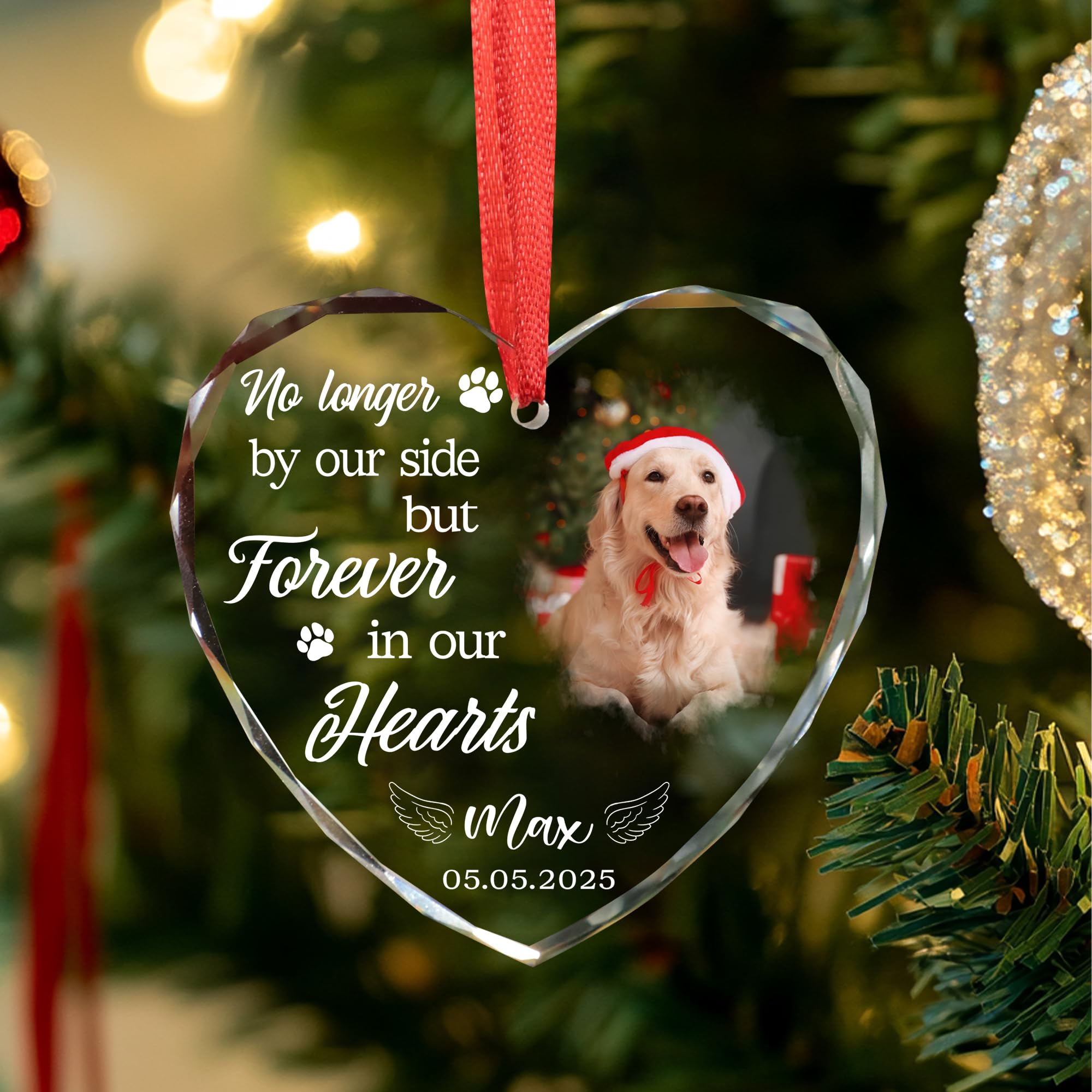 Custom Dog Photo Ornament 2025 - Dog Loss, Pet Sympathy, Remembrance Keepsake - No Longer by Our Side Glass Ornament for Christm