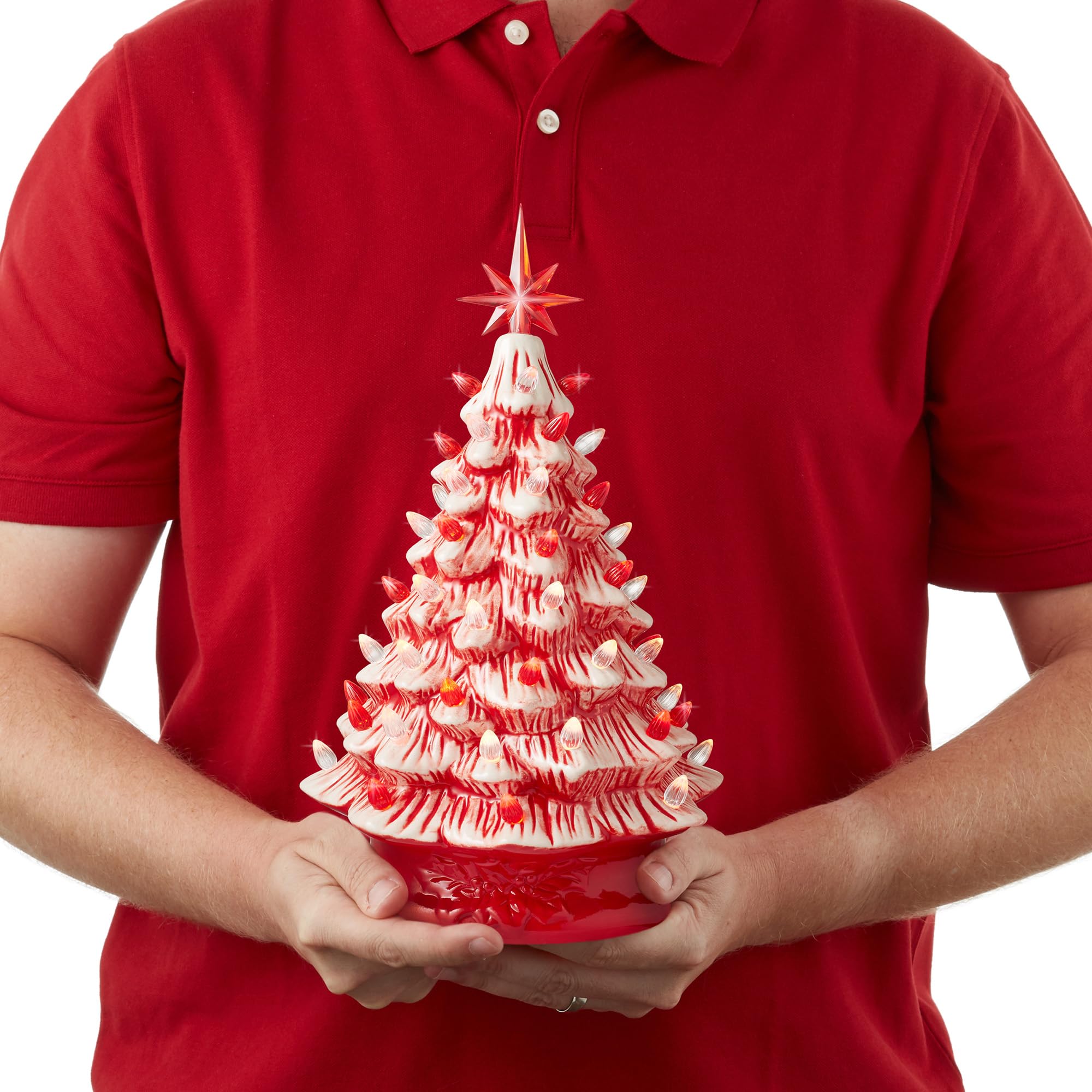 Casafield Hand Painted Ceramic Christmas Tree, Red and White Peppermint 15-Inch Pre-Lit Tree with 128 Red and Clear Lights, 2 St