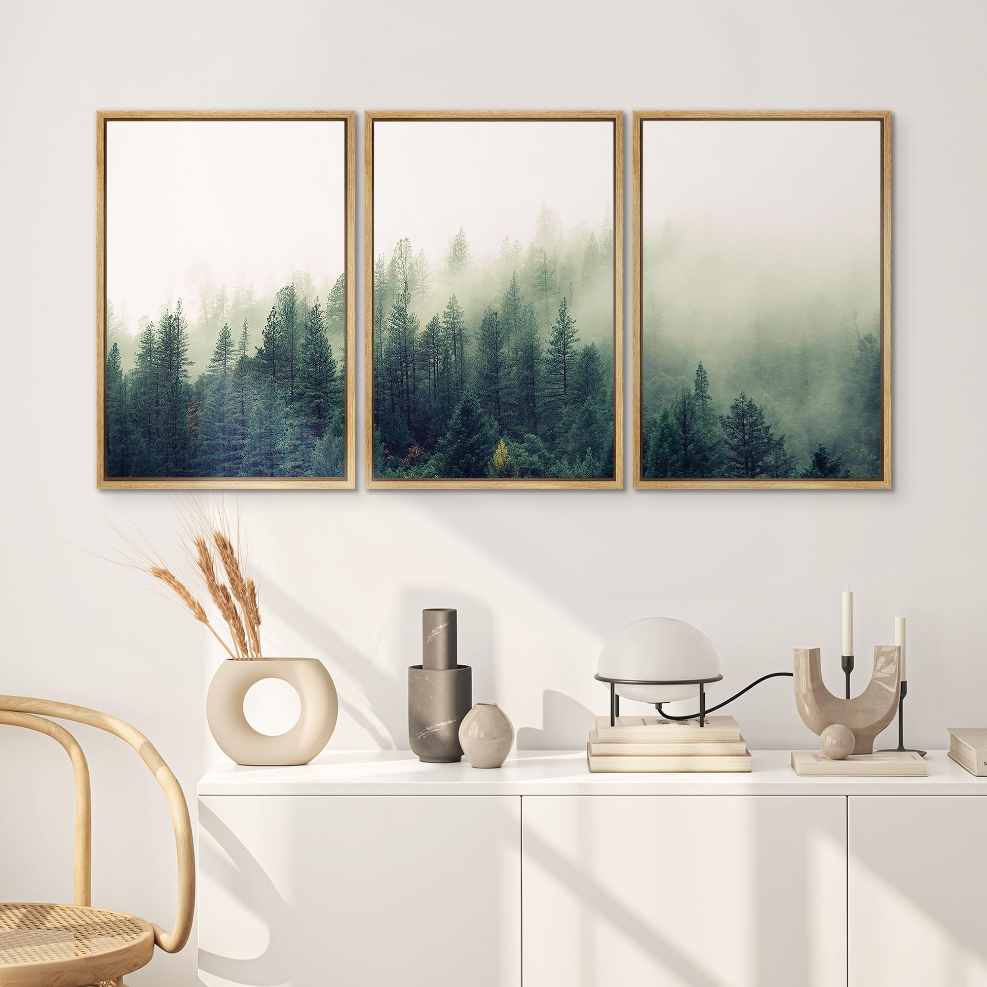 Signwin 3 Piece Framed Canvas Wall Art Green Foggy Mountains Nature Wilderness Photography Abstract Rustic Aerial Canvas Prints