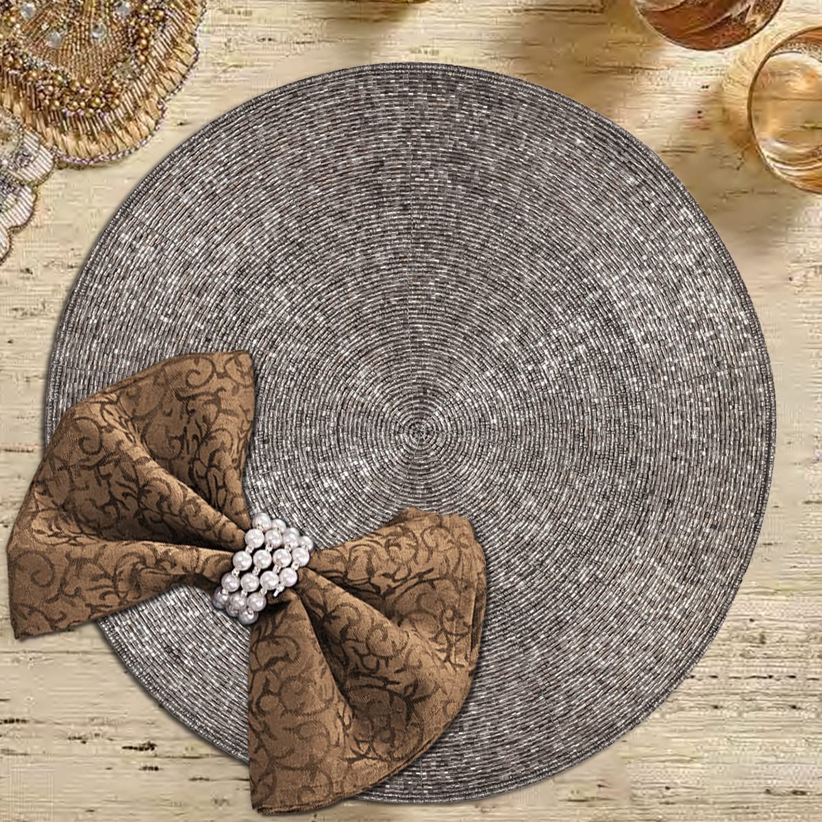 Beaded Placemats For Dining Table - Set Of 4-14 Inches - For Kitchen Decor Scratch Heat Resistant Charger Durable Tablemats - Ro