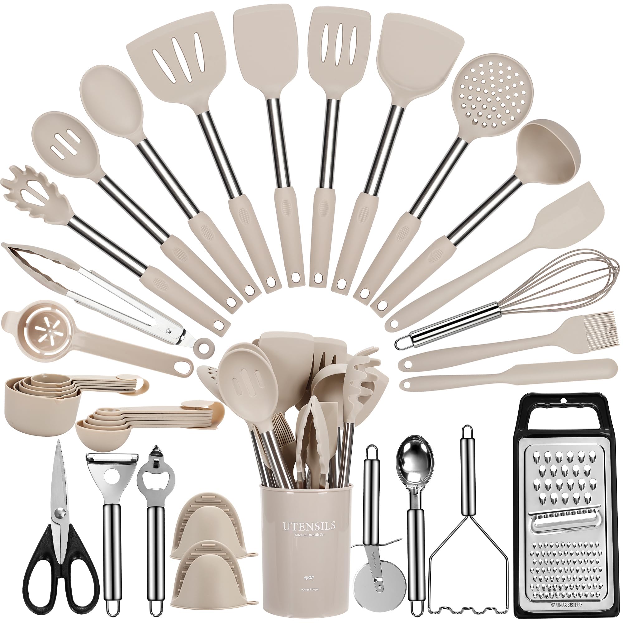 Fyvva Large Cooking Utensils Set, 35 Pcs Spatula Set With Holder, Silicone Kitchen Utensils Set With Stainless Steel Handle, Che