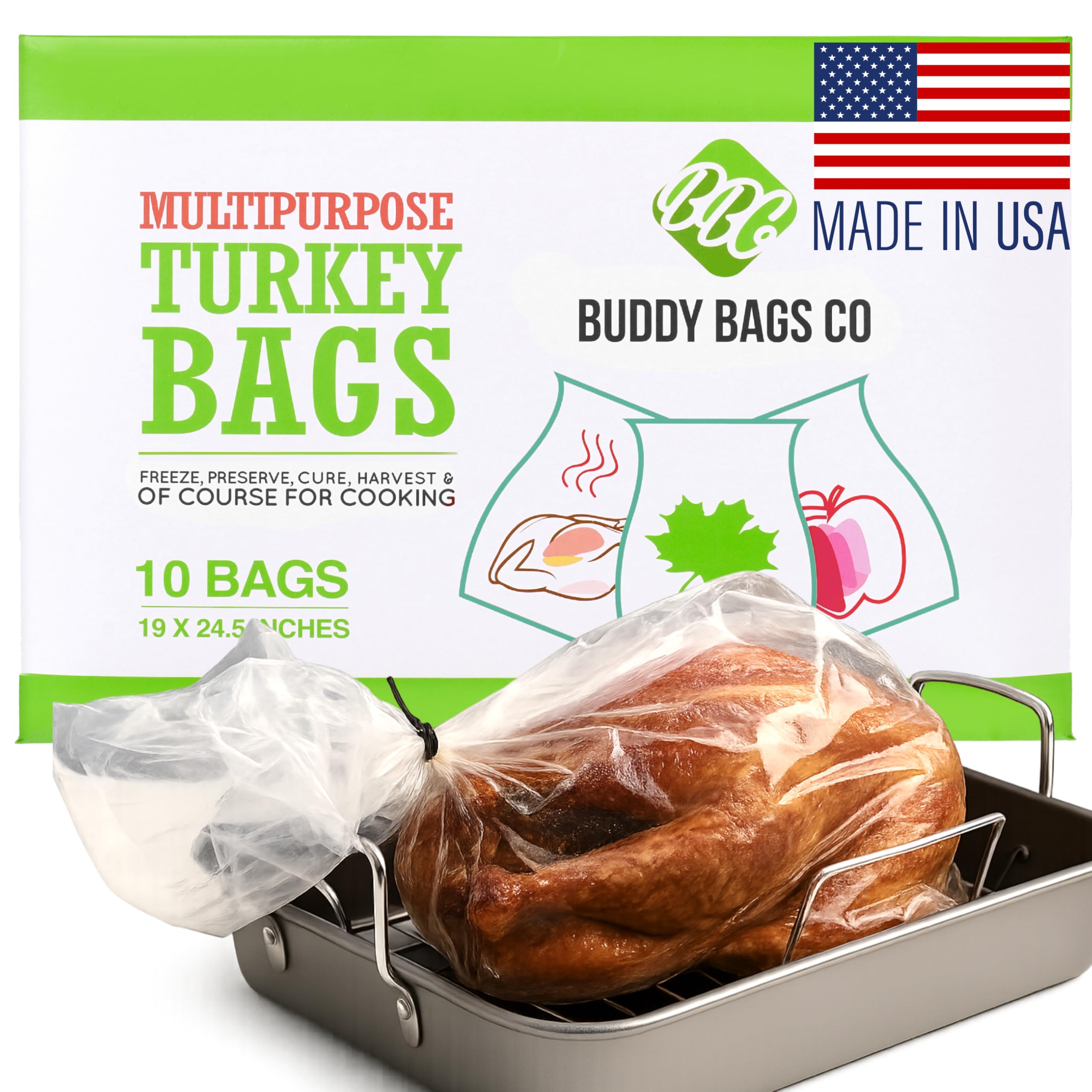 Buddy Bags Co Oven Bags for Roasting | Turkey Size (19 x 24.5) | 10-Pack Heavy-Duty, Oven-Safe Turkey Bags | BPA-Free, Heat-Resi