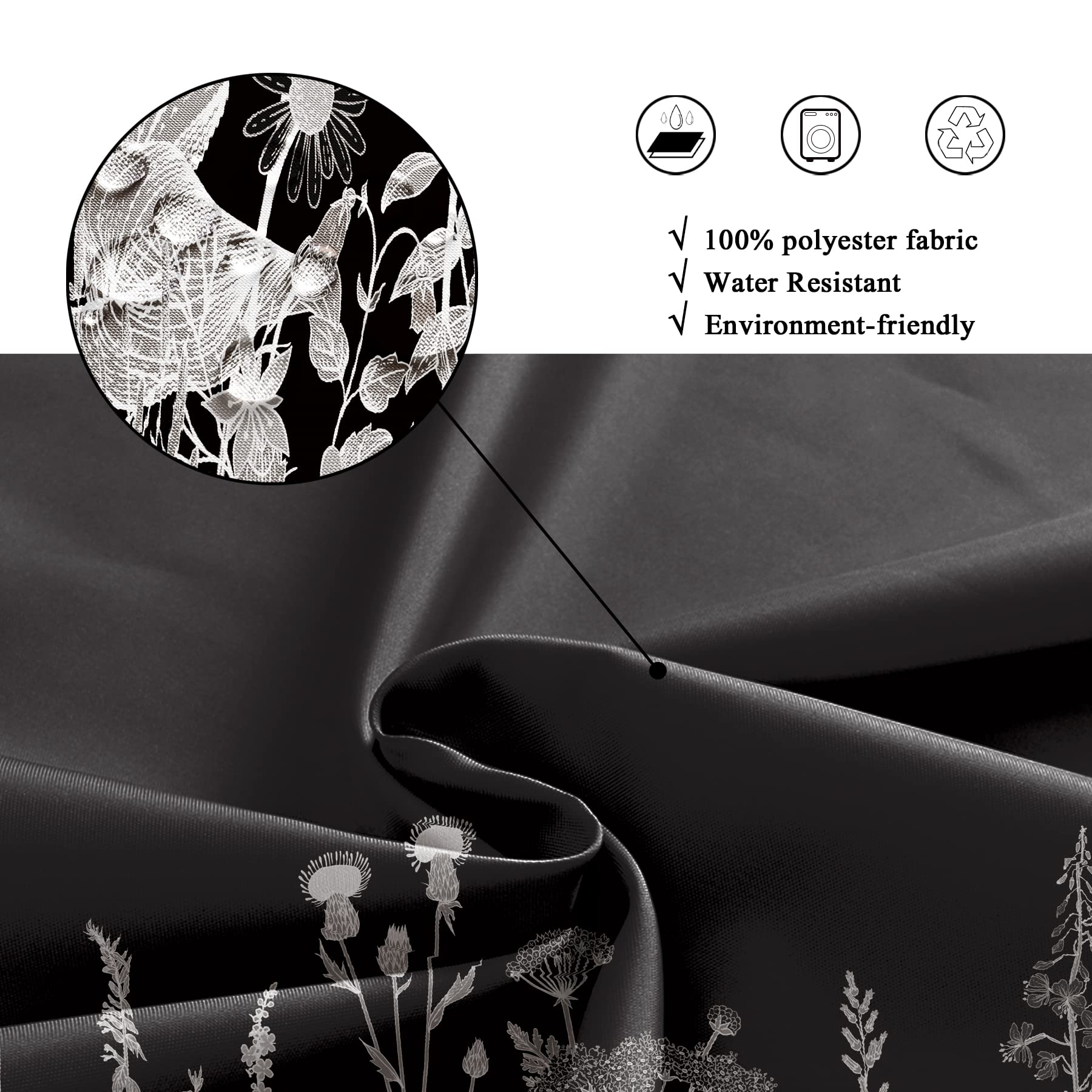 Riyidecor Wild Floral Wildflower Shower Curtain Botanical Herbs Black Plant Nature Blossom Flower Leaf Sketch Waterproof Fabric 72Wx72H Inch Polyester Bathroom Bathtub Decoration 12 Pack Plastic Hooks