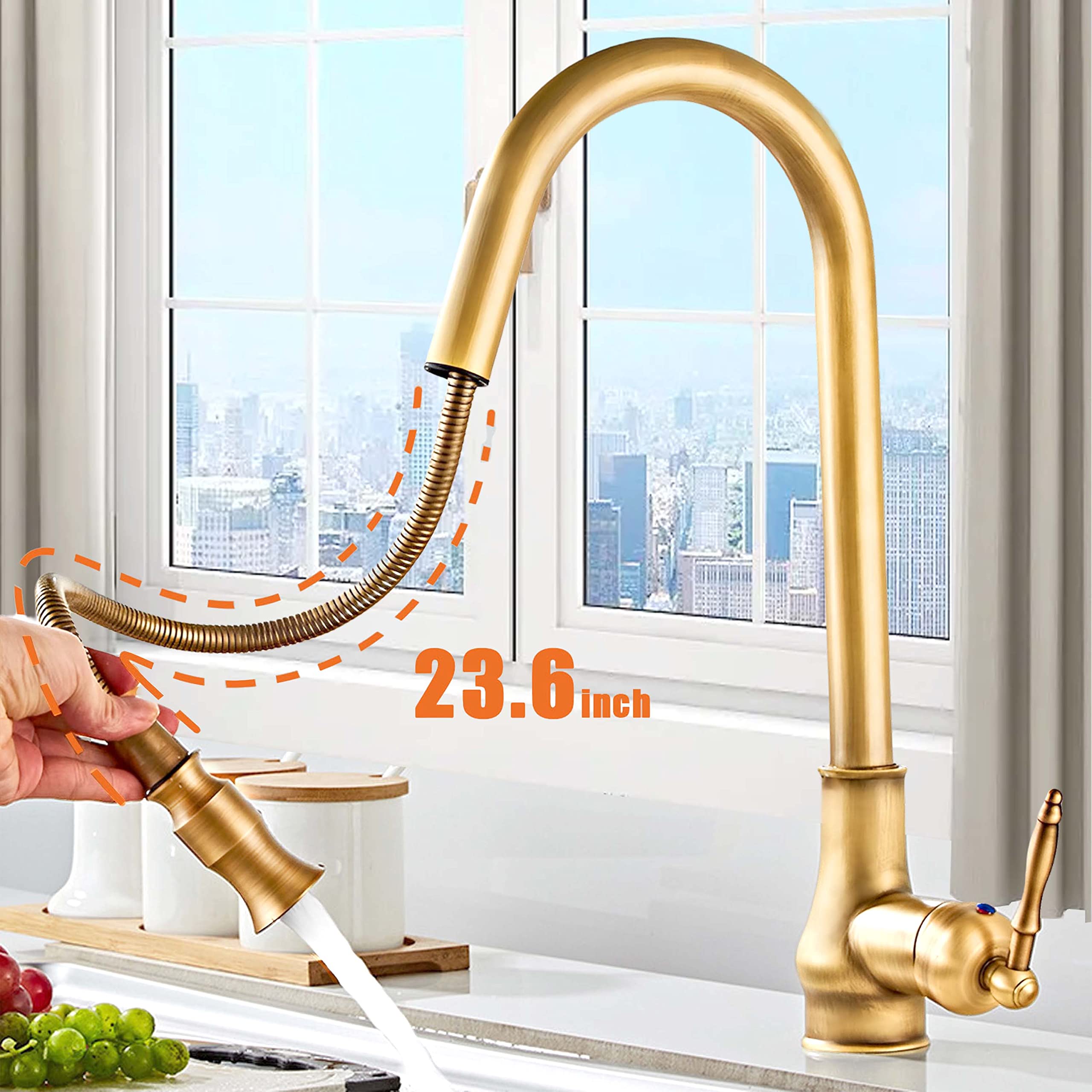 Single Handle Kitchen Faucet,Antique Copper One Hole Pull Out Pull Down Widespread Brass Faucet Body With Cold Hot Mixer Hoses