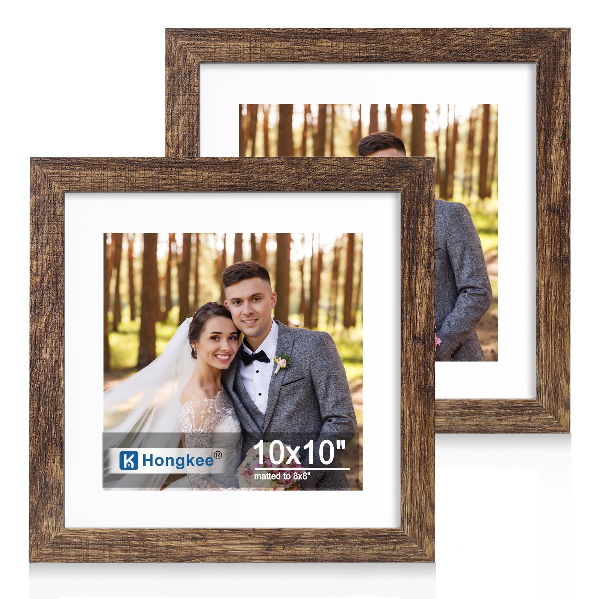 Hongkee 10x10 Picture Frame Set of 2, Made of Real Glass and Rustic Brown Wooden Frame - Display Square 8x8 with Mat or 10x10 Wi