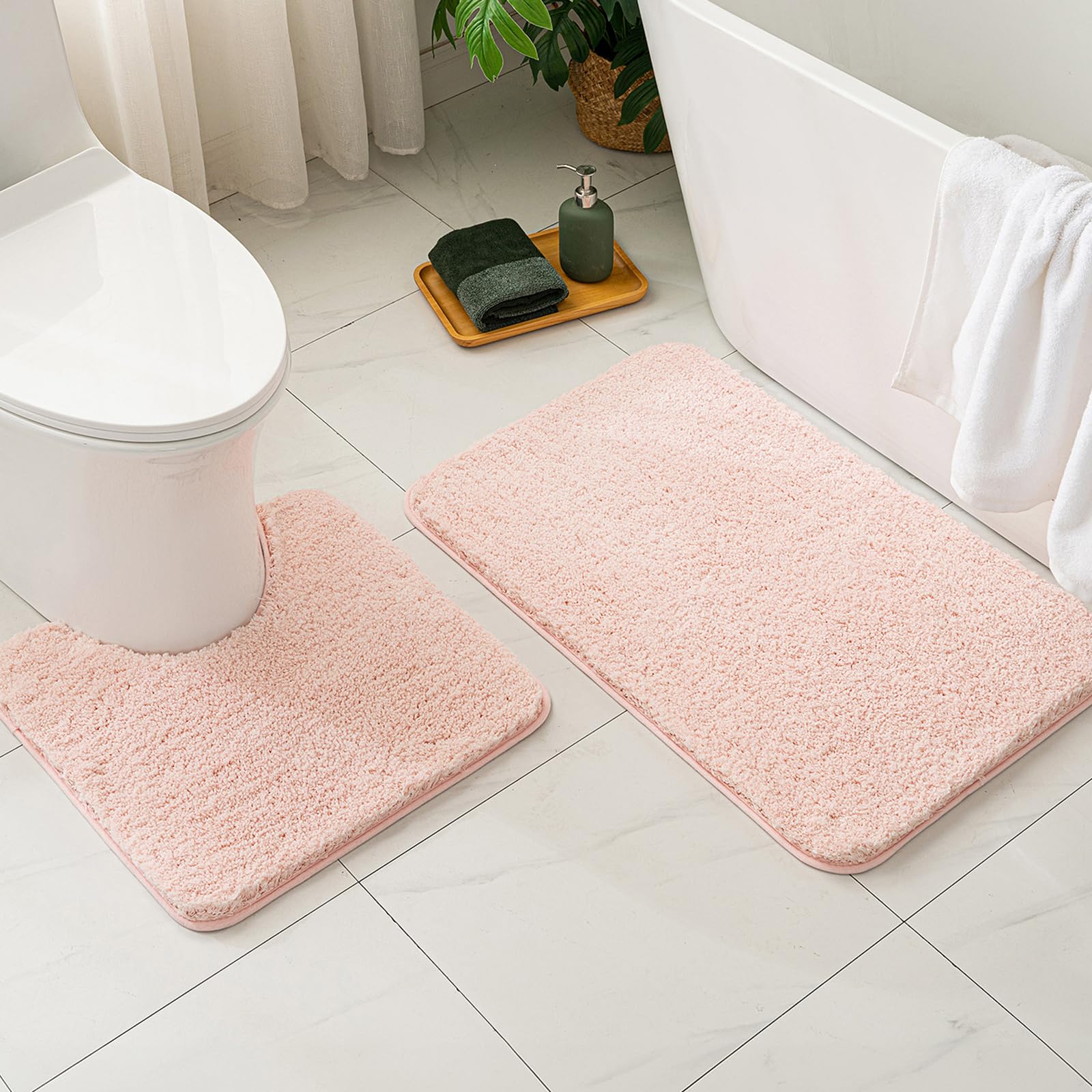 Miulee Pink Bathroom Rugs Sets 2 Piece Including U Shaped Toilet Rug - Soft Absorbent Bath Mats With Non Slip Rubber Backside Fo