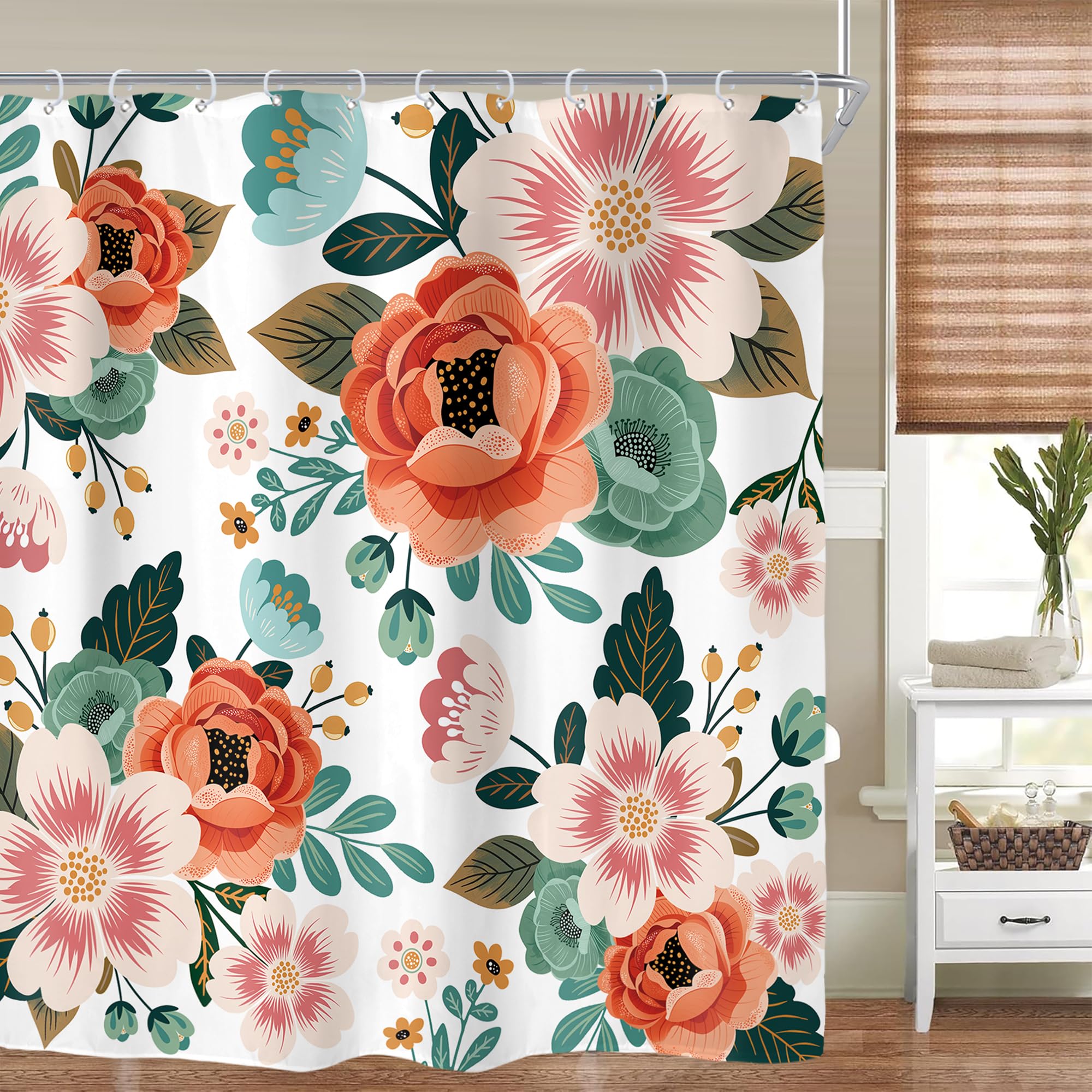 Riyidecor Extra Long Floral 72Wx78H Inch Shower Curtain Set Flower Spring Season Green Leaves Orange Women Bathroom Decor Fabric Panel Polyester Waterproof with 12 Pack Plastic Shower Hooks WW-YHX9