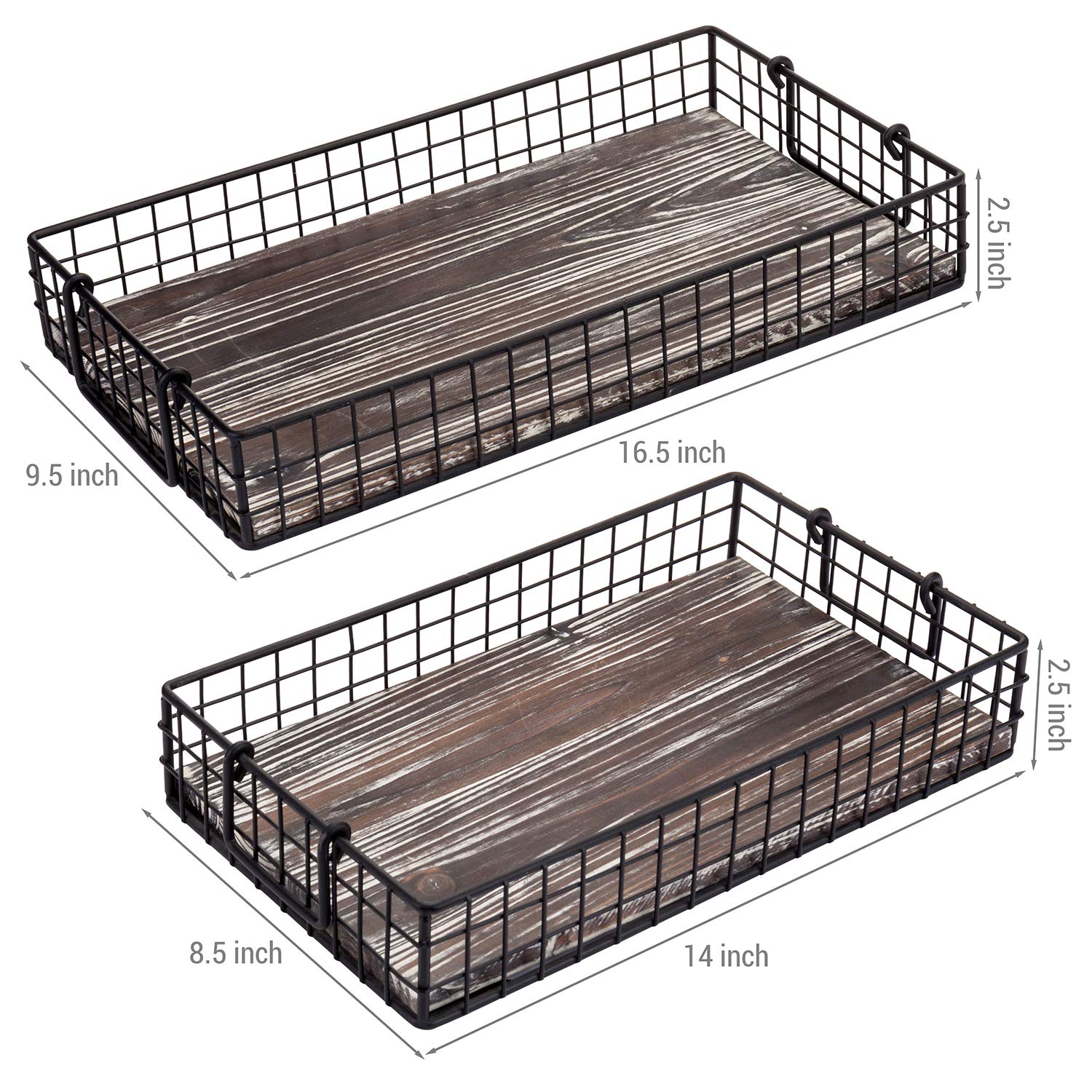 Mygift Black Metal Large Serving Tray, Wire Basket Style Nesting Ottoman Trays With Torched Wood Base And Handles, Set Of 2