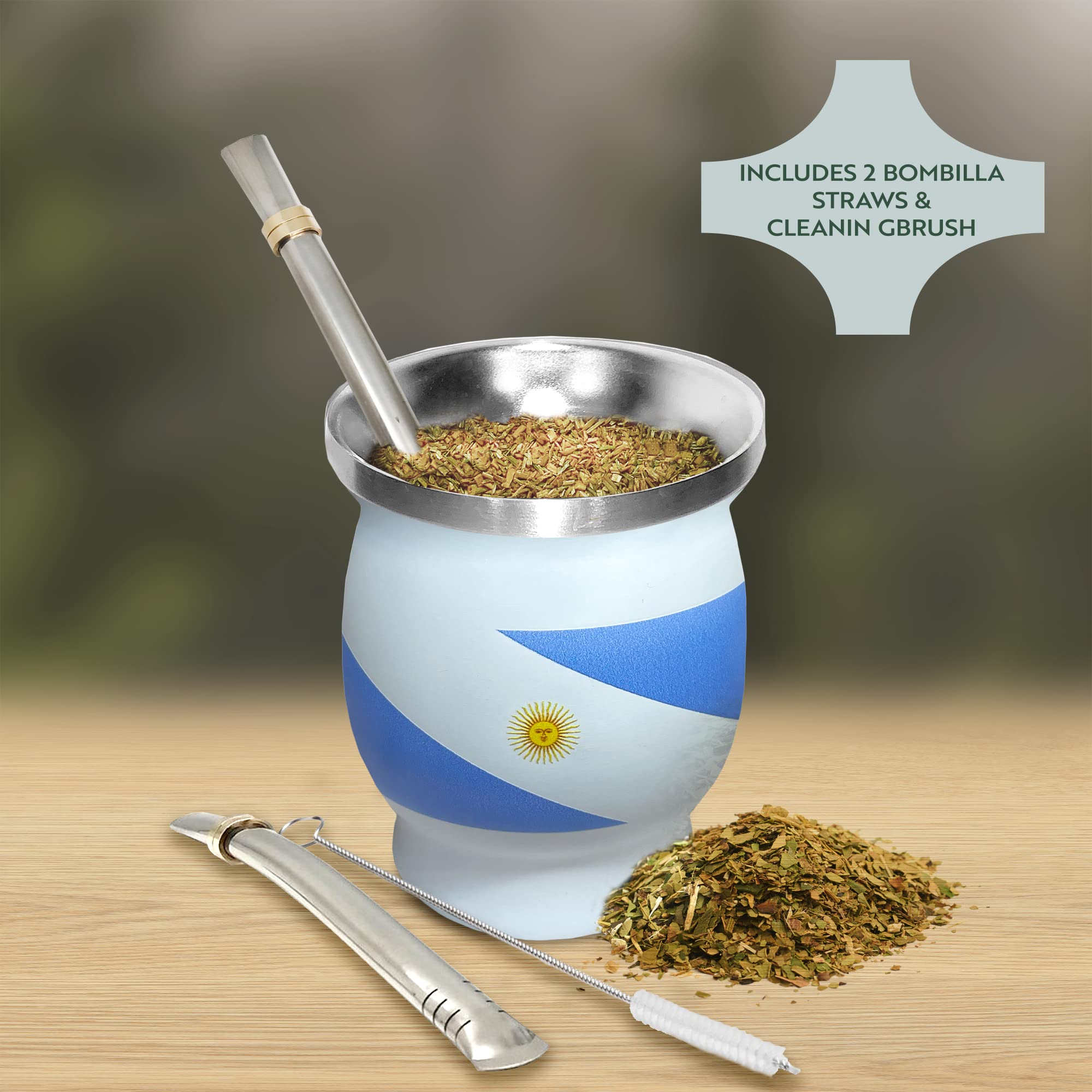 Norte Yerba Mate Natural Gourd/Tea Cup Set Argentinian Flag/Argentina, Includes 2 Bombillas (Yerba Mate Straws) & Cleaning Brush