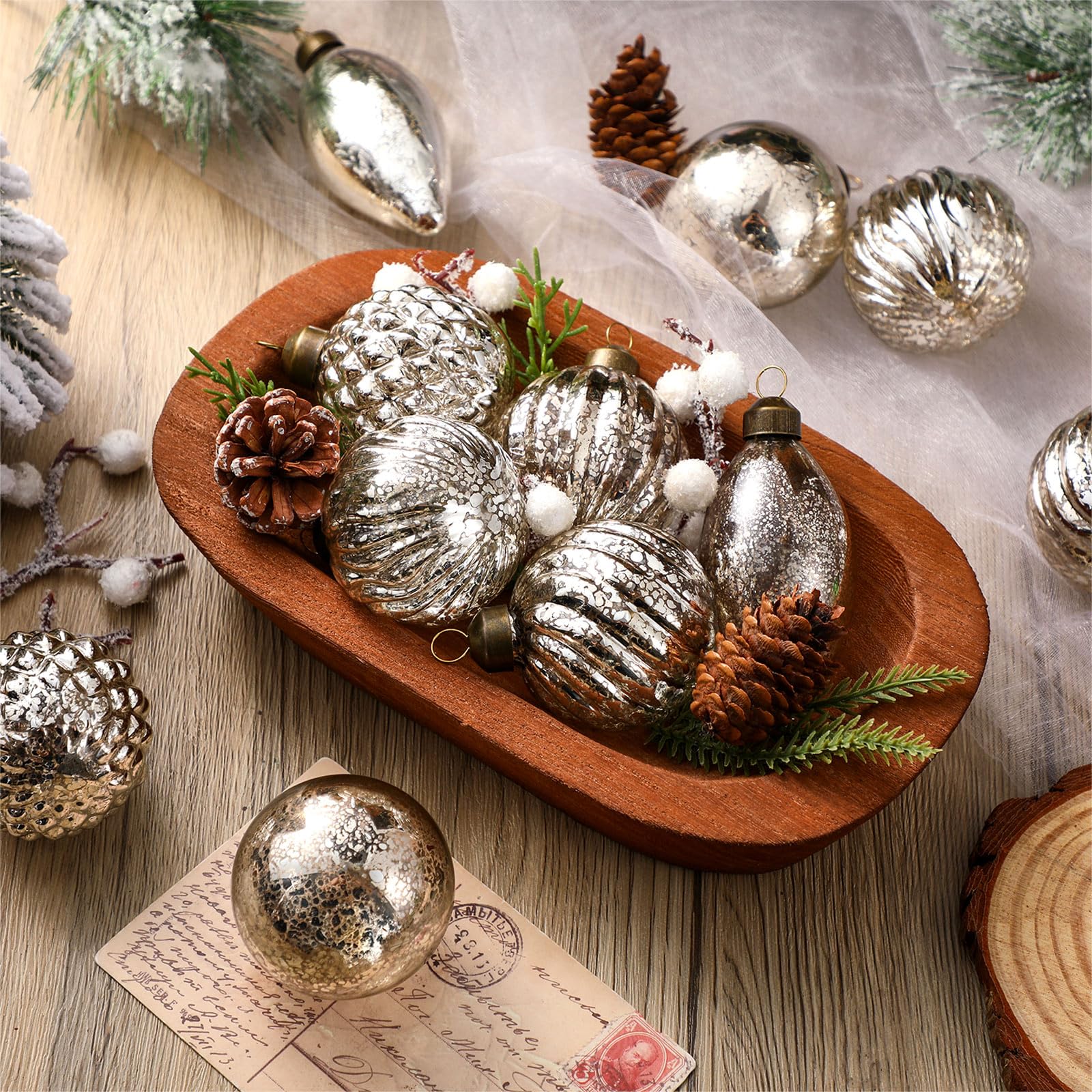 Syhood 18 Pcs Vintage Silver Christmas Mercury Glass Ornaments Rustic Hanging Mercury Glass Balls Finials Ornaments for Christma