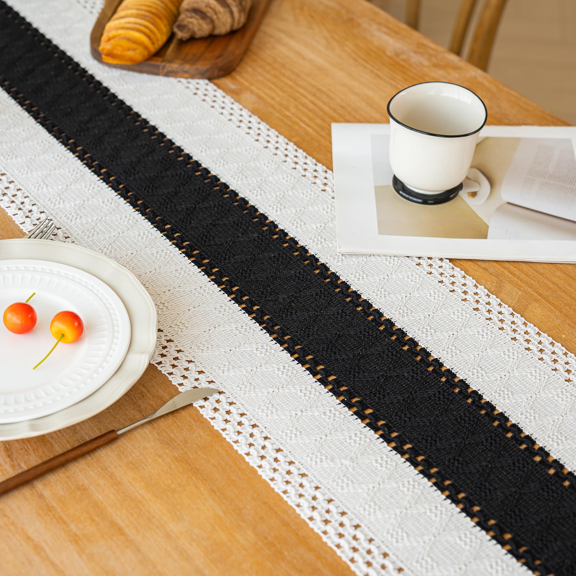 FEXIA Boho Table Runner for Home Decor with Tassels 90 Inches Long,Black Farmhouse Rustic Table Runner Macrame Burlap Table Deco