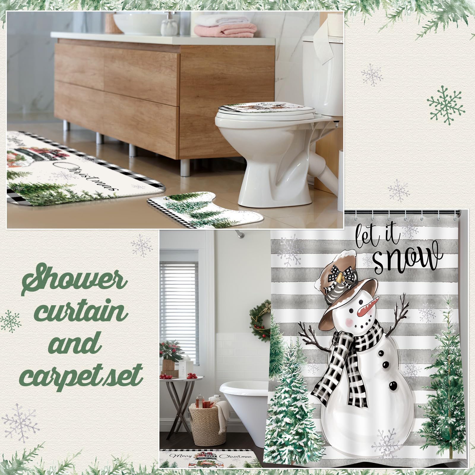 Teenyyou 4 Pcs Christmas Shower Curtains Set with Non Slip Rug Winter Christmas Bathroom Decor Toilet Lid Cover and Bath Mat Sno