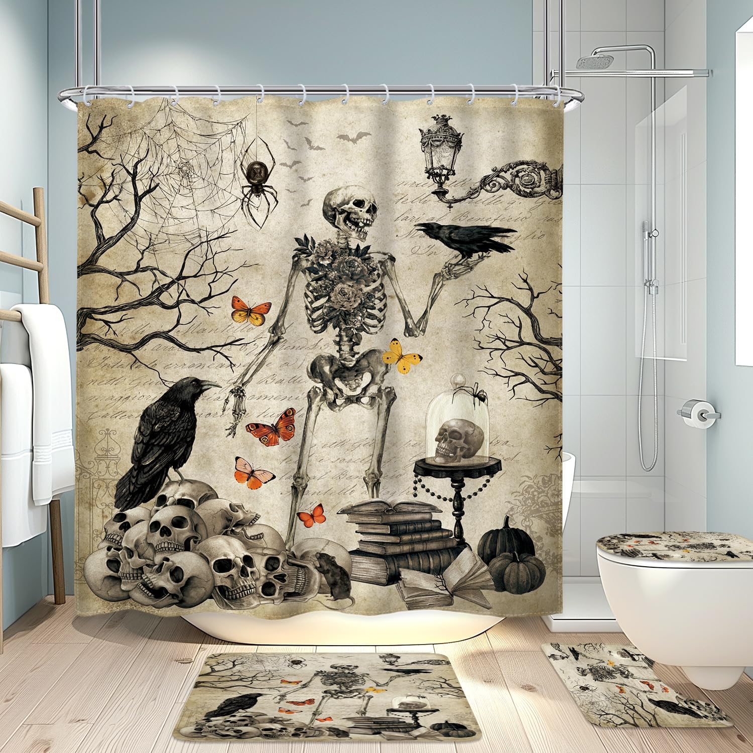Lghtyro 4Pcs Skull Skeleton Gothic 71Wx71H Inches Vintage Spooky Spider Scary Shower Curtain Sets With Rugs, Toilet Lid Cover An