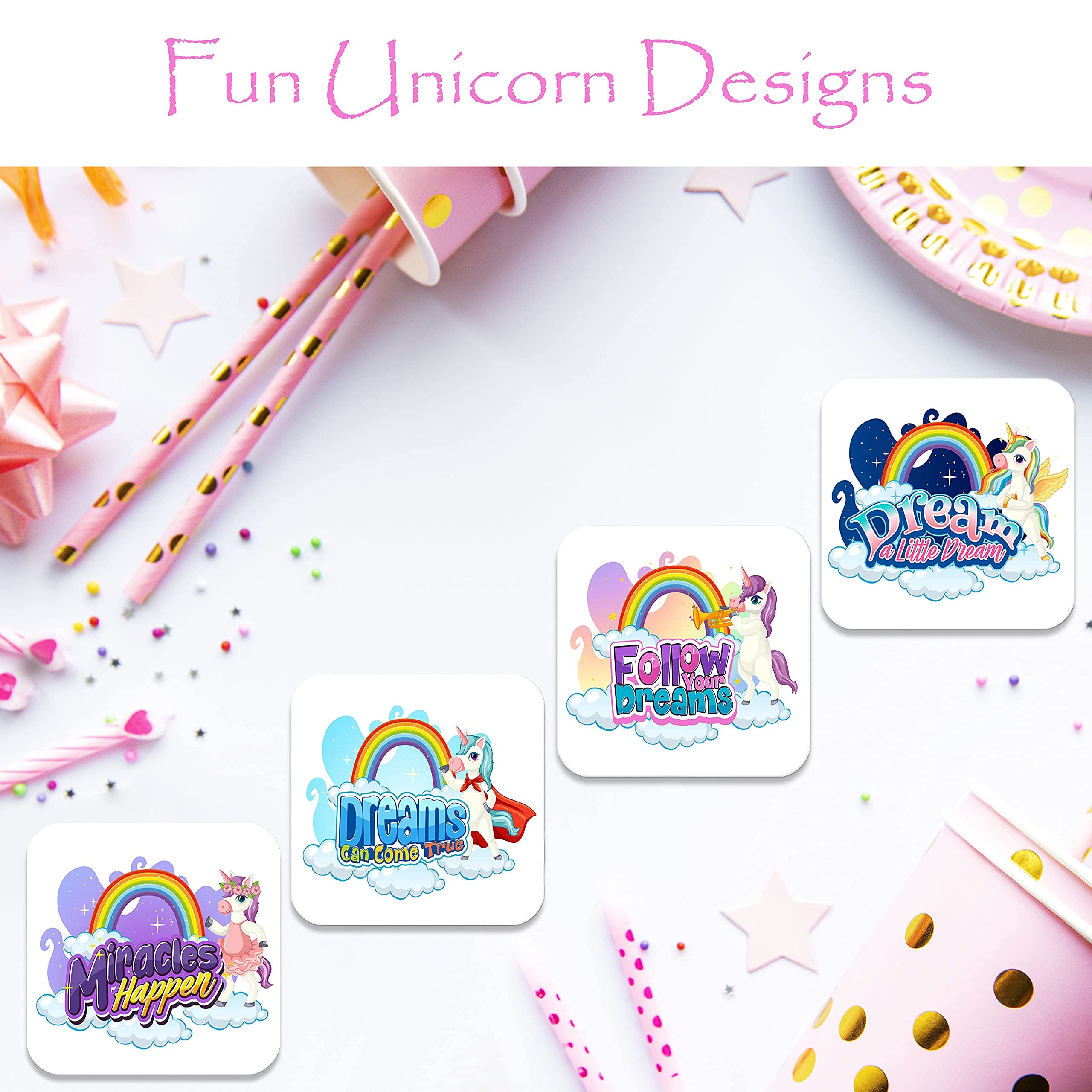 Unicorn Coasters For Kids, Set Of 4 Absorbent Neoprene Coasters For Drinks, Fun Cute Coaster Unique Designs, Square Cup Mats 3.5